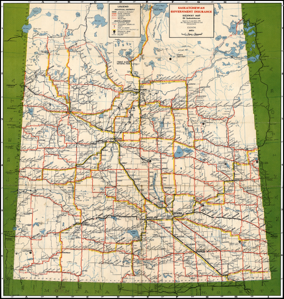Small version of the Saskatchewan Government Insurance Highway Map of Saskatchewan issued in cooperation with the Department of Highways and Transportation. Canada. 1954.