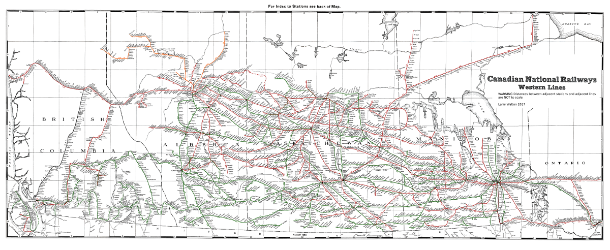 Larry Walton Railway Map showing Canadian National Railways lines in Western Canada from August 1954,  Western Canada British Columbia, Alberta, Saskatchewan, Manitoba -  The area covered is from Port Arthur/Fort William and Churchill to Prince Rupert and Vancouver Island  Canadian Pacific, Greater Winnipeg Water District, Northern Alberta, Pacific Great Eastern, Midland Railway of Manitoba (joint Great Northern and Northern Pacific) and Great Northern (in BC)