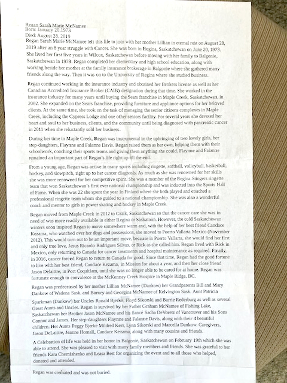 Regan McNamee obit