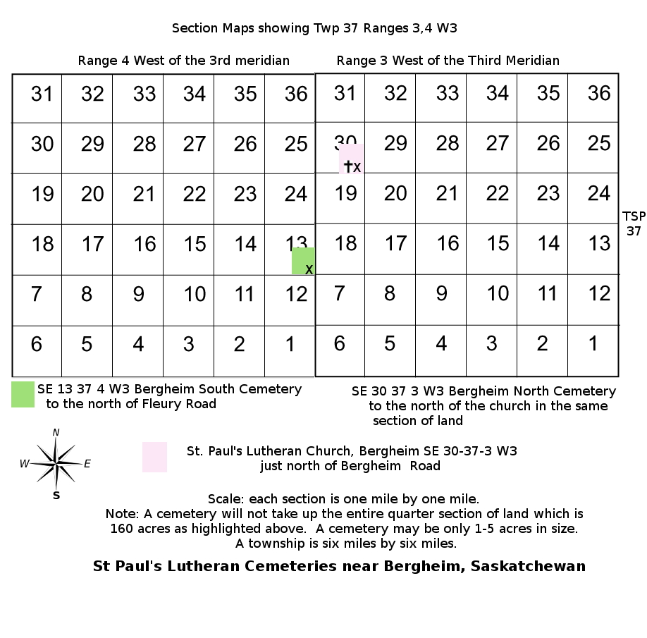section map showing Township 37 ranges 3,4 W 3 and both north and south Bergheim Cemetery
