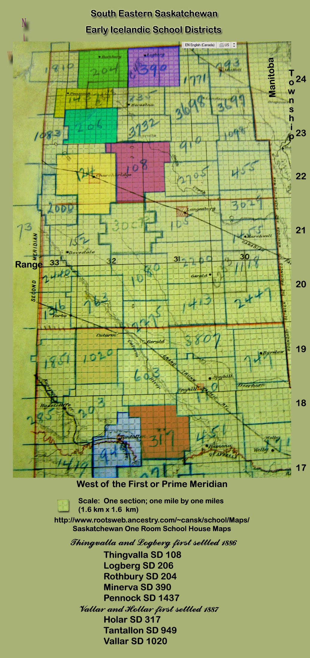 The southern aspect of the province of Saskatchewan showing the Icelandic Settlements Historic Railway Maps Click on map for larger size.  South Eastern Saskatchewan<BR>  Thingvalla   - Lögberg (1886)    Vatnsdalur  ,  Vesturbyggd    Western Settlement   or the Concordia District  Water Valley   the District around Vallar - Hólar (now known as Tantallon) (1887)