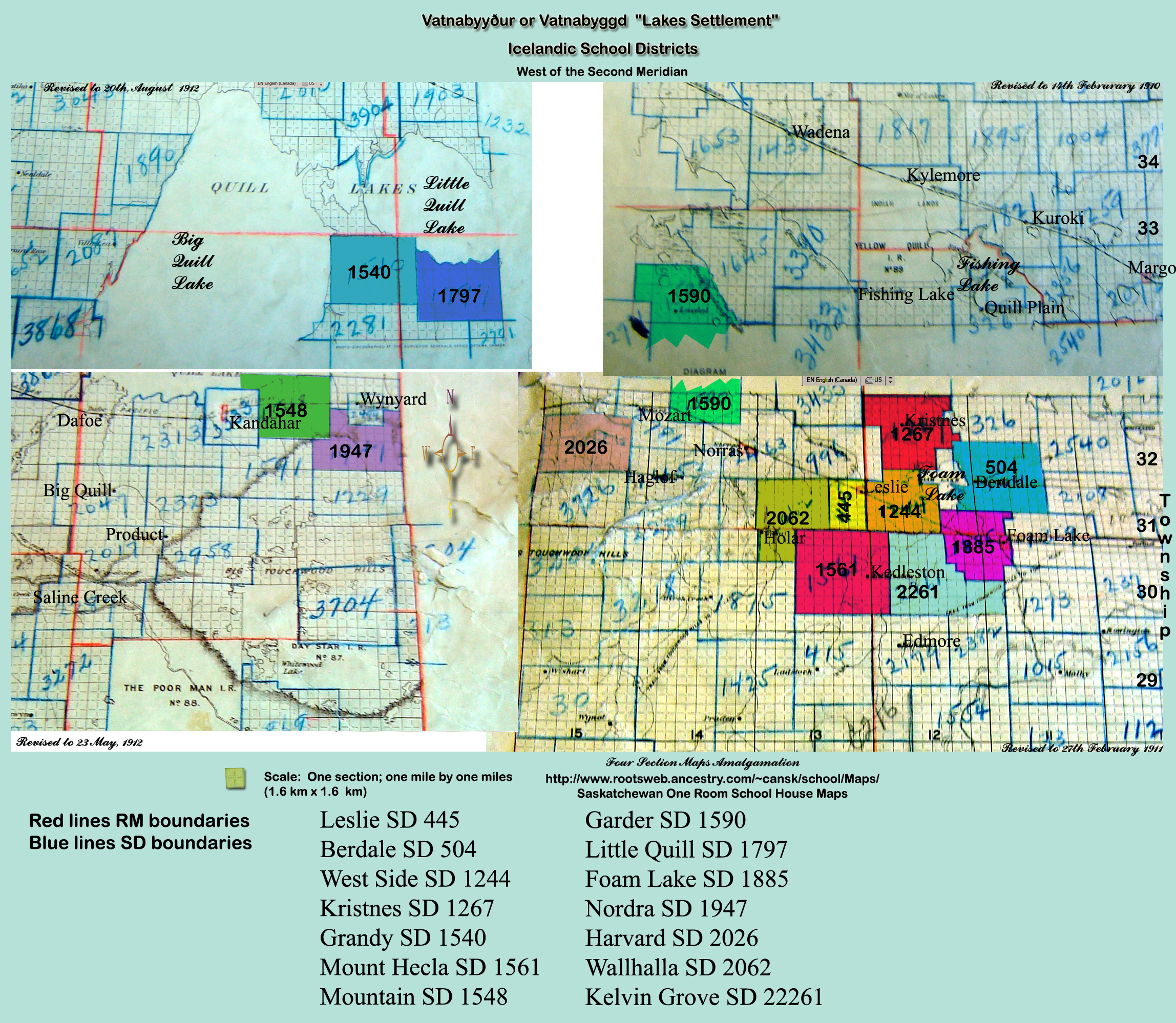 series of maps depict the southern aspect of the province of Saskatchewan showing the Early Icelandic School Districts ~ One Room Schoolhouses of  East Central Saskatchewan in the Vatnabyggd 'Lakes Settlement ' Settlement