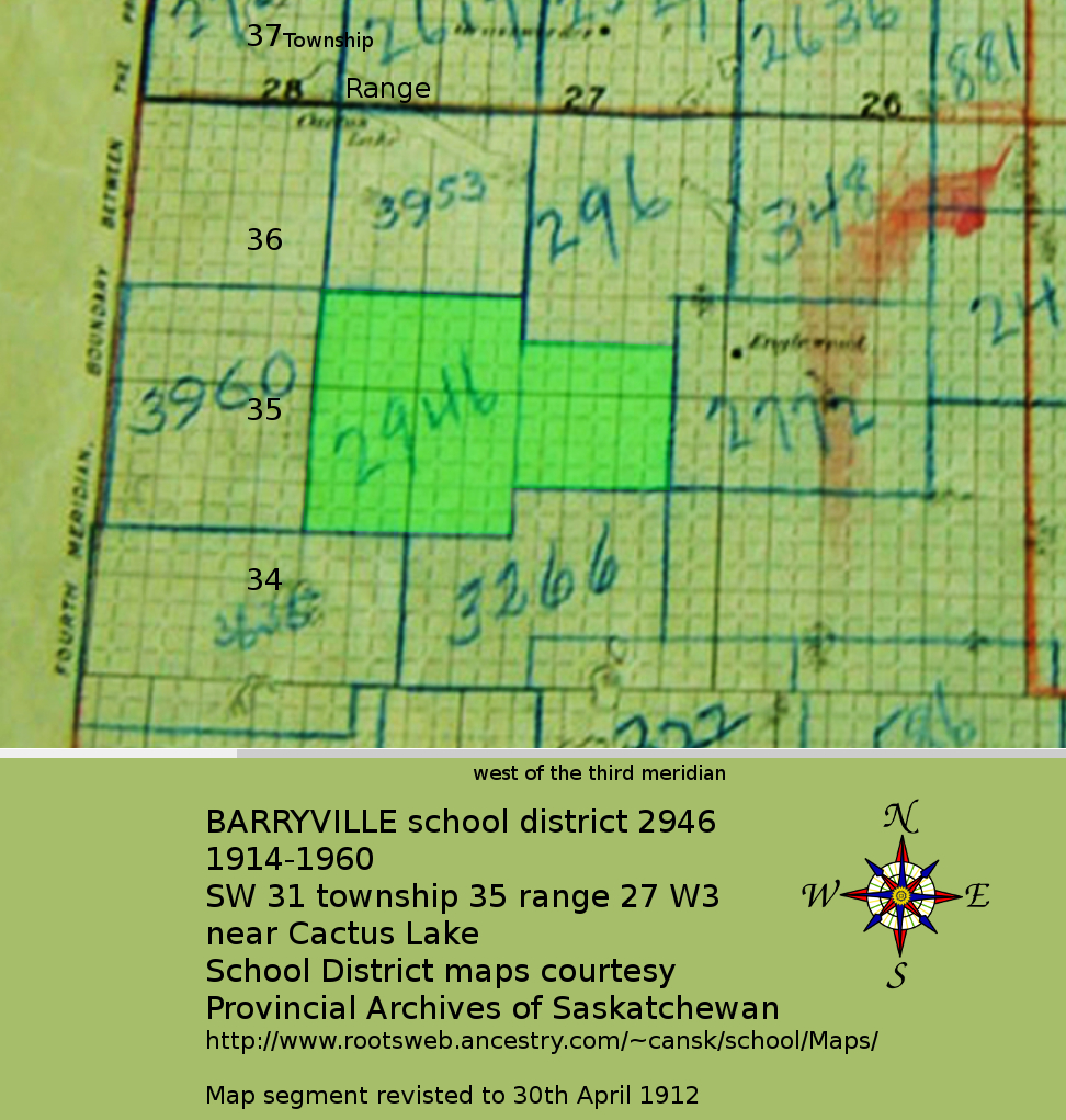 BARRYVILLE school district 2946, 1914-1960, SW quarter section 31 township 35 range 27 west of the third meridian, near Cactus Lake,  