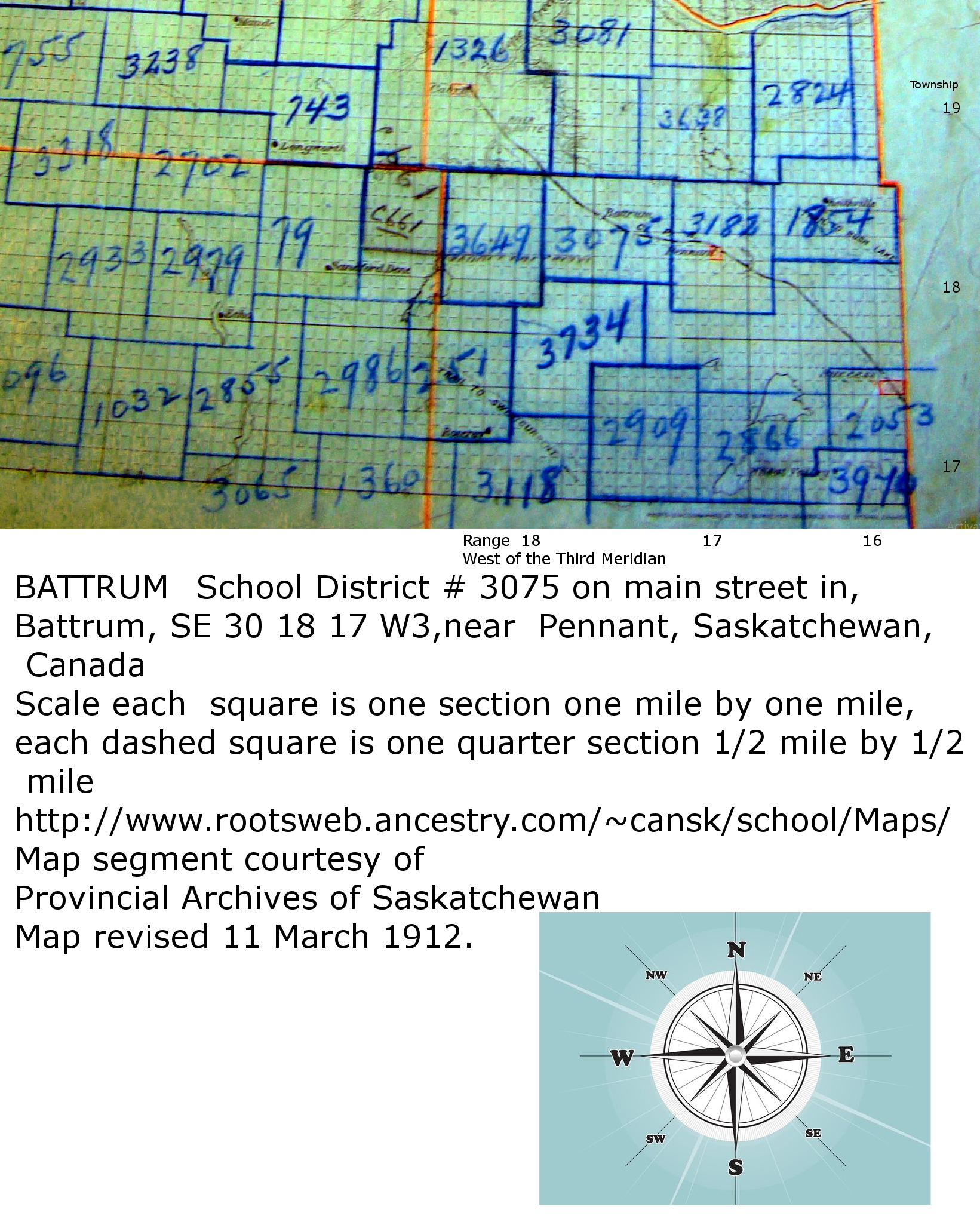 BATTRUM 	School District # 3075 		Sec 	Tsp 18 	Rge 18 	W of the 3 Meridian, Battrum, SE 30 18 17 W3, Pennant,  Saskatchewan,  Saskatchewan