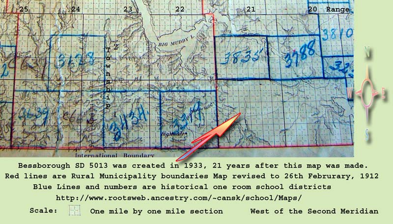 Bessborough School District 5013, 1933-1952, South west section 23 township 1 range 21 west of the second meridian, near Minton southwest section 35 township 2 range 20 west of the second meridian 