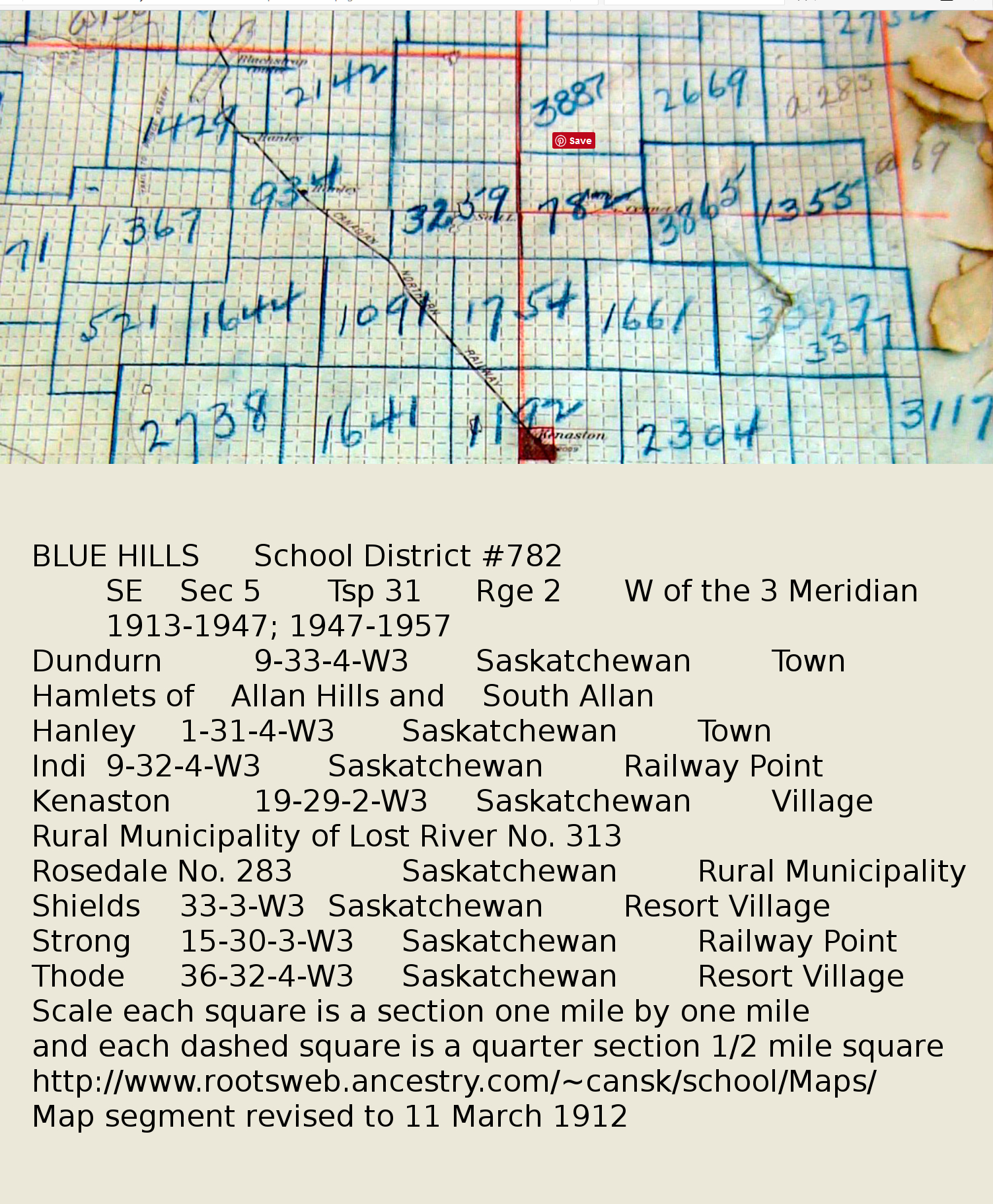   BLUE HILLS	School District #782	SE	Sec 5	Tsp 31	Rge 2	W of the 3 Meridian	1913-1947; 1947-1957  Map