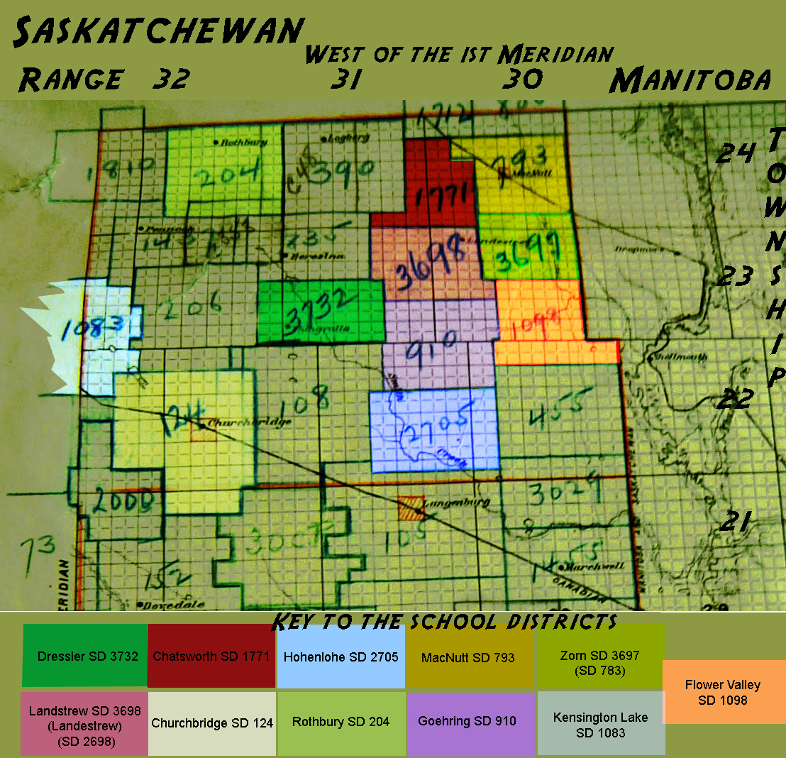 Chatsworth SD 1810, Hohenlohe SD 2705, MacNutt SD 793, Zorn SD 3697, Landstrew SD 2698, Dressler SD 3732, Churchbridge SD 124, Rothbury SD 204, Goehring SD 910, Kensington Lake SD 1083, Flower Valley SD 1098, , Flower Valley SD 1098 Tsp 21,22,23,24 Range 30,31,32 West of the prime meridian near Langenburg, Saltcoats, MacNutt, Churchbridge, Wroxton, Marchwell, Bredenbury, Landestrew, Logberg, Dovedale, Thingvalla, Pennock