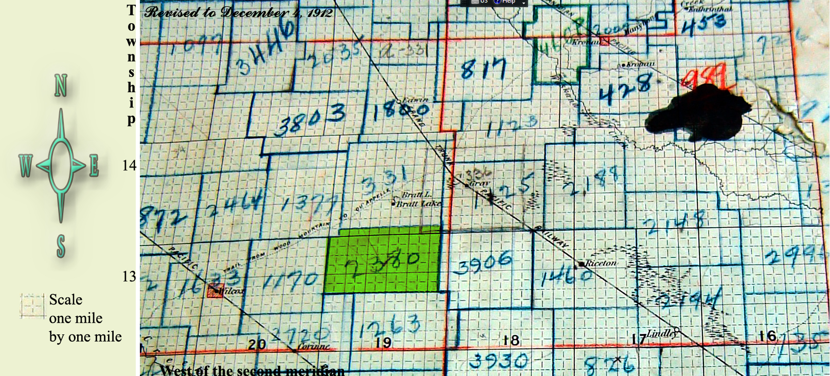 Map Brighton School District 2380,1909-1956,Gray, Saskatchewan,  north west quarter of section 27 township 13 range 19 west of the second meridian 