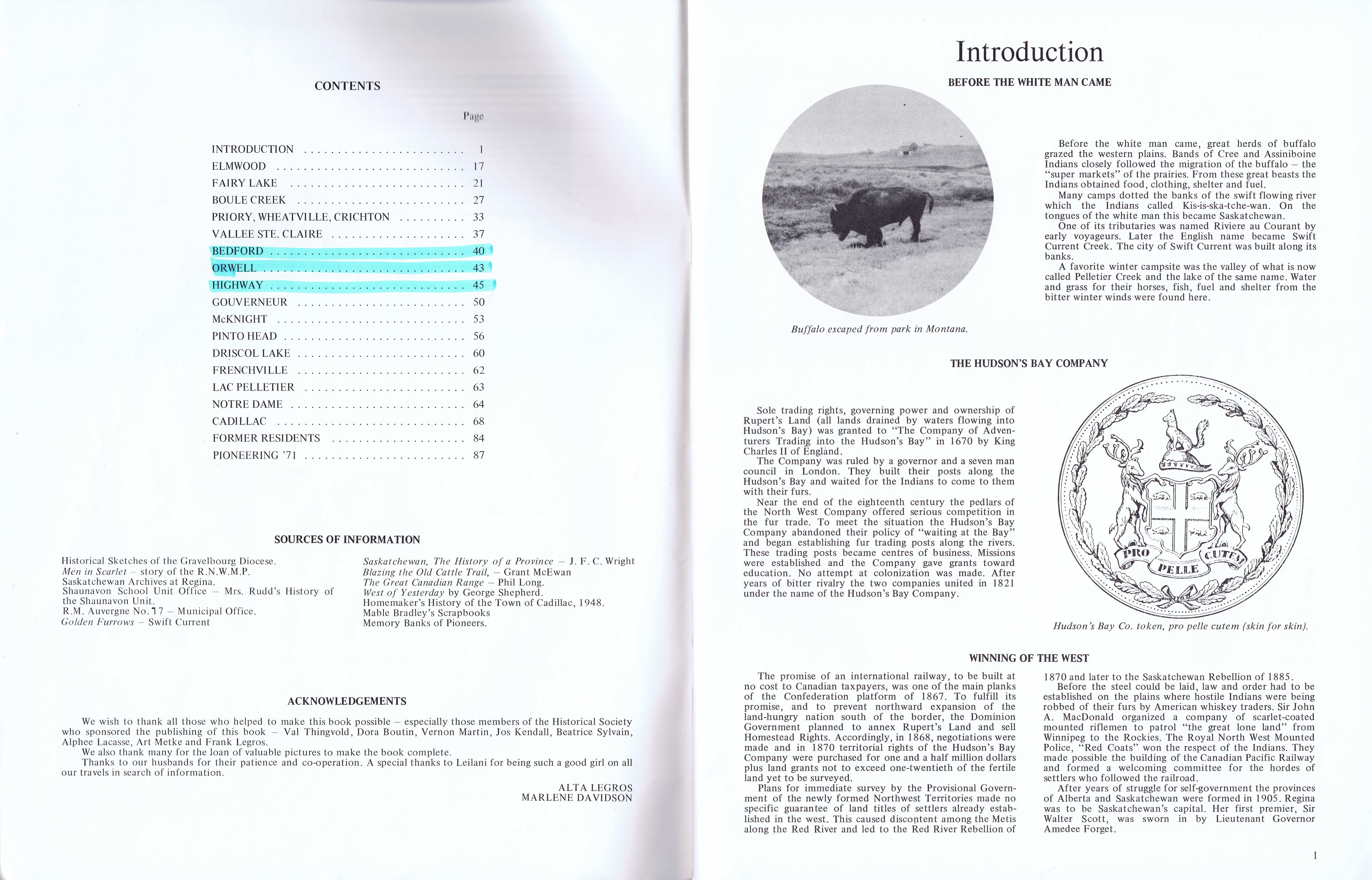 History of Cadillac and Surrounding District, The Good Old Days, Prepared by Alta Legros and Marlene Davidson for Homecoming '71, Elmwood, Fairy Lake, Boule Creek, Priory, Wheatville, Crichton, Bedford, Orwell, Highway, Gouverneur, McKnight, Pinto Head, Driscol Lake, Frenchville, Lac Pelletier, Notre Dame, Cadillac,  Saskatchewan, Canada   