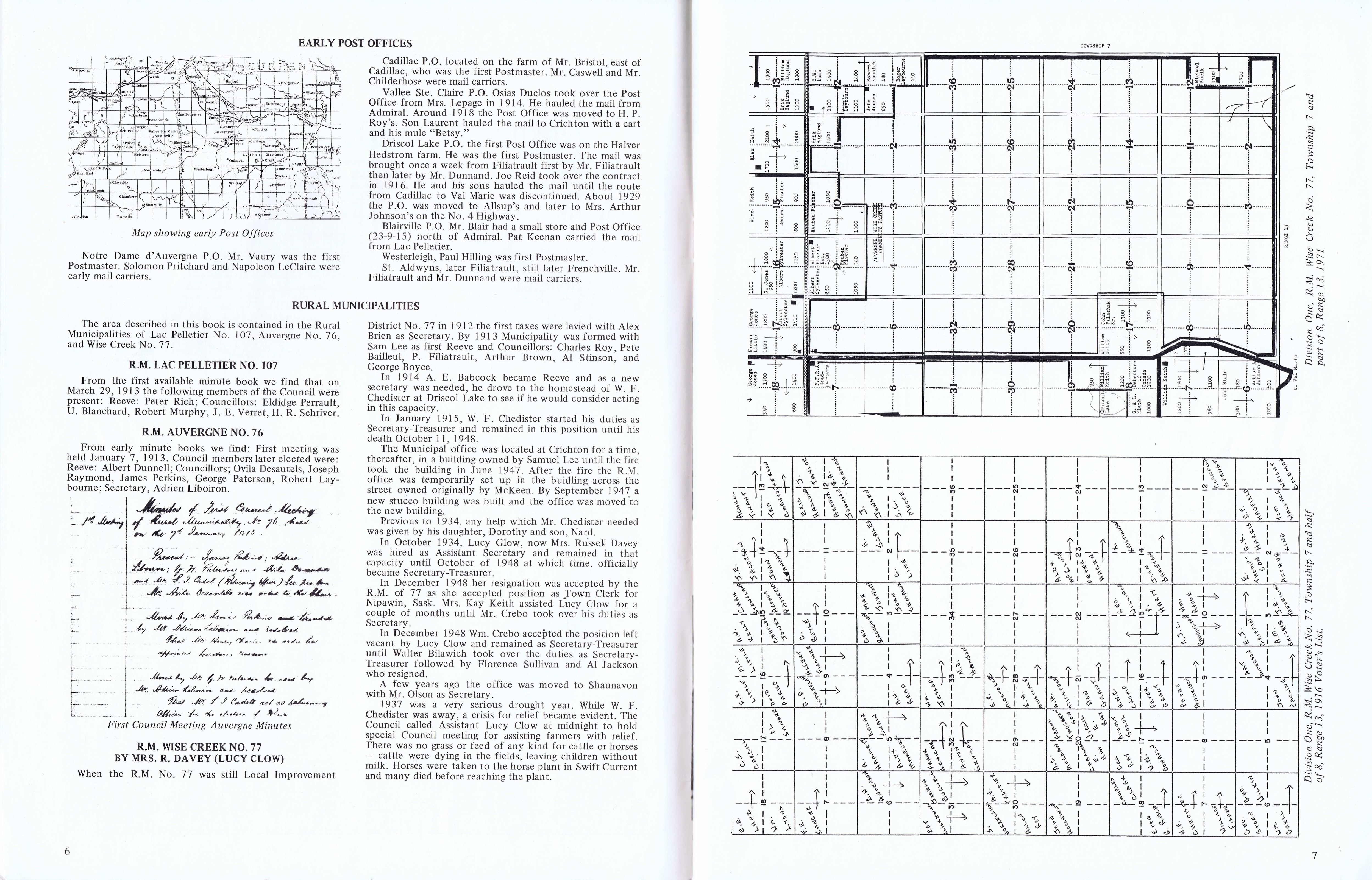 History of Cadillac and Surrounding District, The Good Old Days, Prepared by Alta Legros and Marlene Davidson for Homecoming '71, Elmwood, Fairy Lake, Boule Creek, Priory, Wheatville, Crichton, Bedford, Orwell, Highway, Gouverneur, McKnight, Pinto Head, Driscol Lake, Frenchville, Lac Pelletier, Notre Dame, Cadillac,  Saskatchewan, Canada   