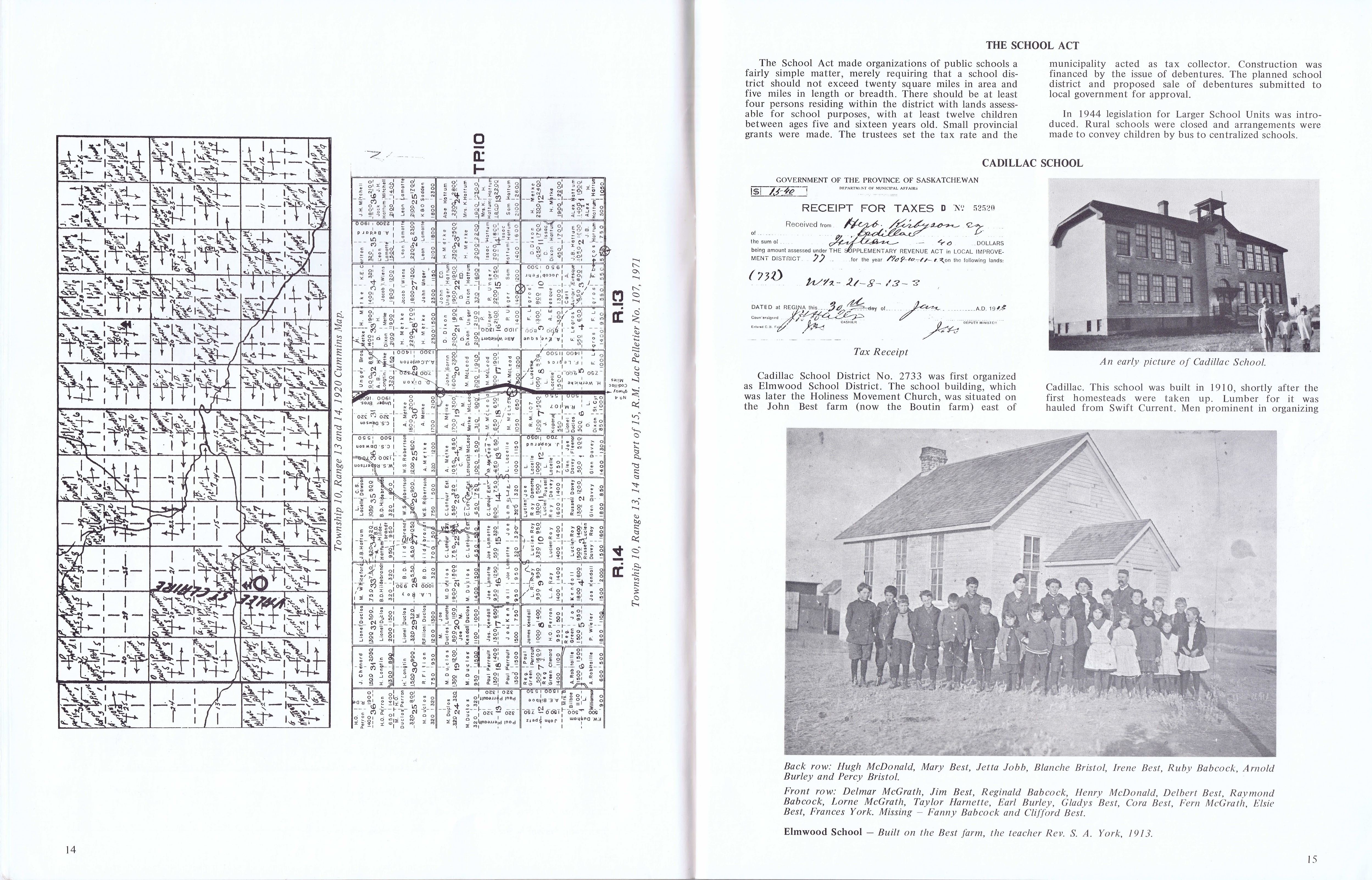 History of Cadillac and Surrounding District, The Good Old Days, Prepared by Alta Legros and Marlene Davidson for Homecoming '71, Elmwood, Fairy Lake, Boule Creek, Priory, Wheatville, Crichton, Bedford, Orwell, Highway, Gouverneur, McKnight, Pinto Head, Driscol Lake, Frenchville, Lac Pelletier, Notre Dame, Cadillac,  Saskatchewan, Canada   