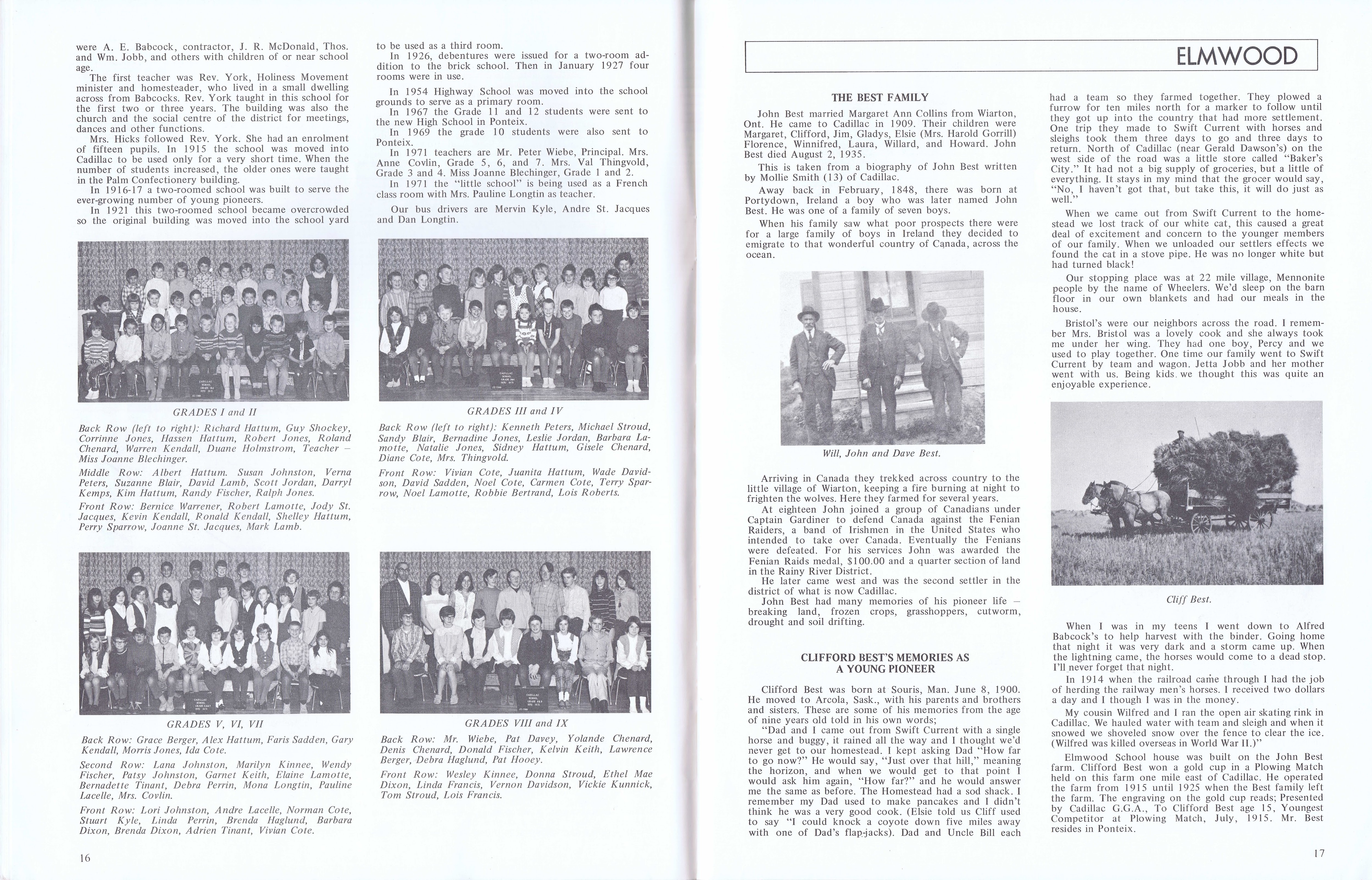 History of Cadillac and Surrounding District, The Good Old Days, Prepared by Alta Legros and Marlene Davidson for Homecoming '71, Elmwood, Fairy Lake, Boule Creek, Priory, Wheatville, Crichton, Bedford, Orwell, Highway, Gouverneur, McKnight, Pinto Head, Driscol Lake, Frenchville, Lac Pelletier, Notre Dame, Cadillac,  Saskatchewan, Canada   