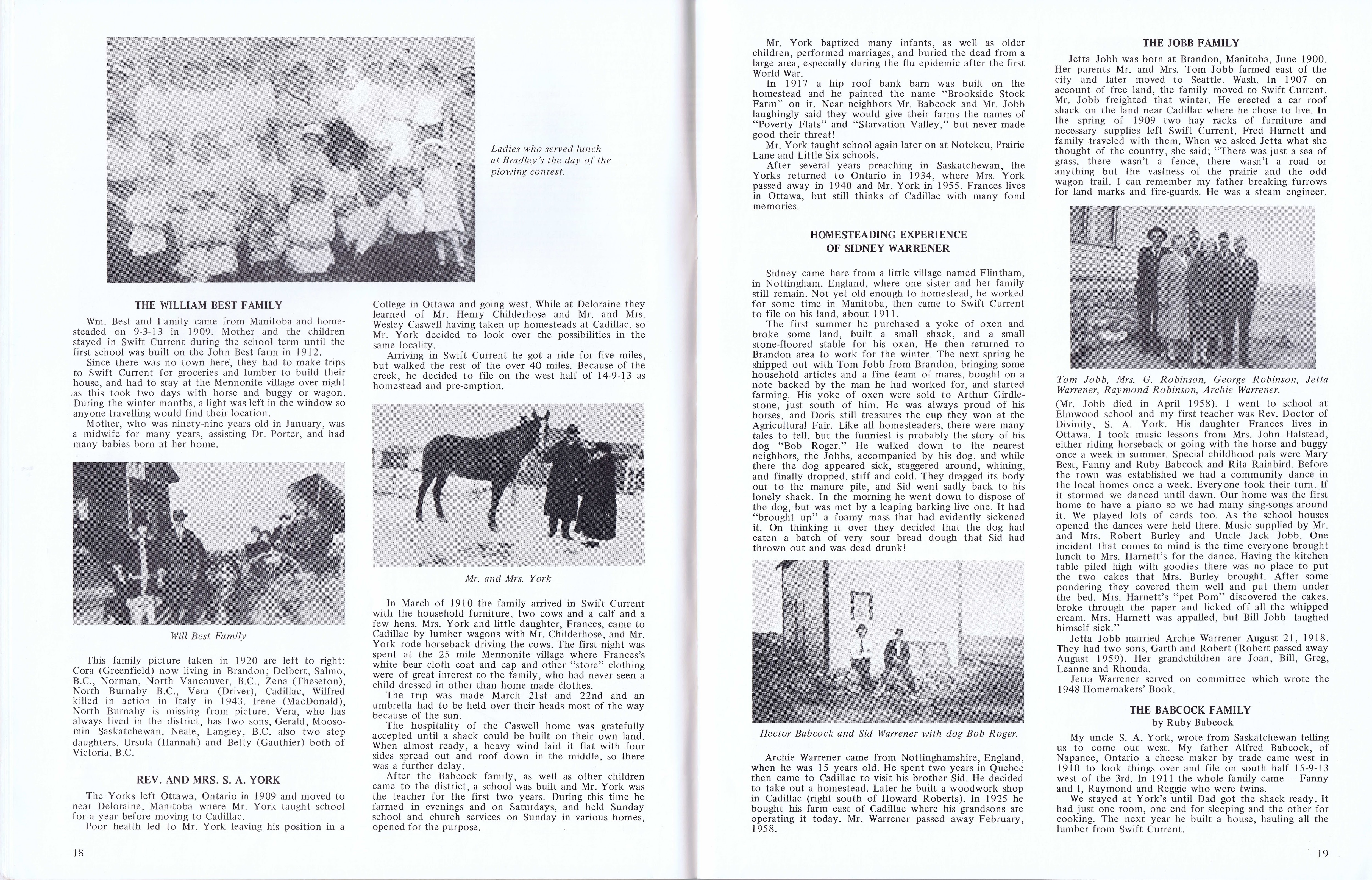History of Cadillac and Surrounding District, The Good Old Days, Prepared by Alta Legros and Marlene Davidson for Homecoming '71, Elmwood, Fairy Lake, Boule Creek, Priory, Wheatville, Crichton, Bedford, Orwell, Highway, Gouverneur, McKnight, Pinto Head, Driscol Lake, Frenchville, Lac Pelletier, Notre Dame, Cadillac,  Saskatchewan, Canada   