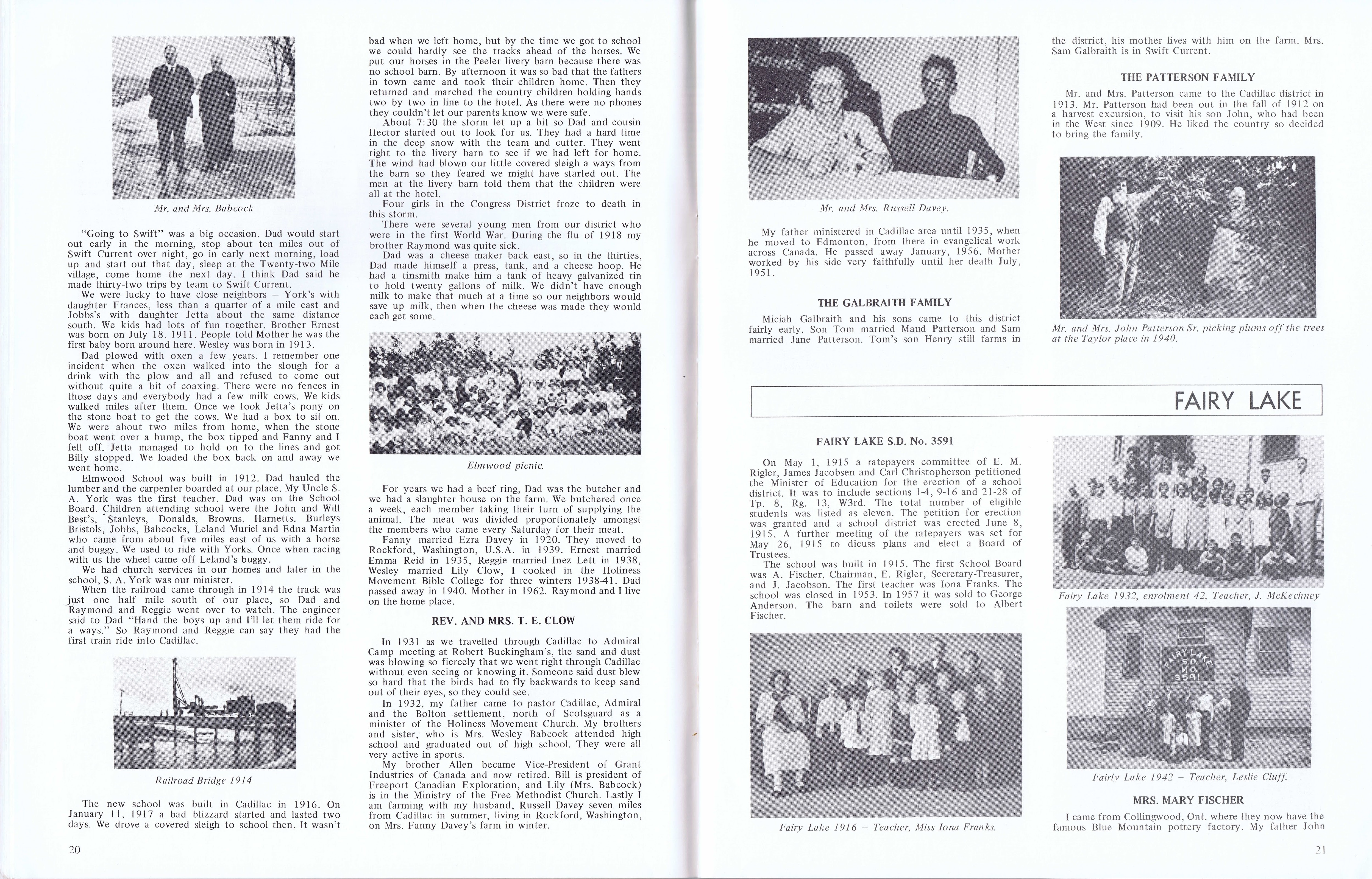 History of Cadillac and Surrounding District, The Good Old Days, Prepared by Alta Legros and Marlene Davidson for Homecoming '71, Elmwood, Fairy Lake, Boule Creek, Priory, Wheatville, Crichton, Bedford, Orwell, Highway, Gouverneur, McKnight, Pinto Head, Driscol Lake, Frenchville, Lac Pelletier, Notre Dame, Cadillac,  Saskatchewan, Canada   