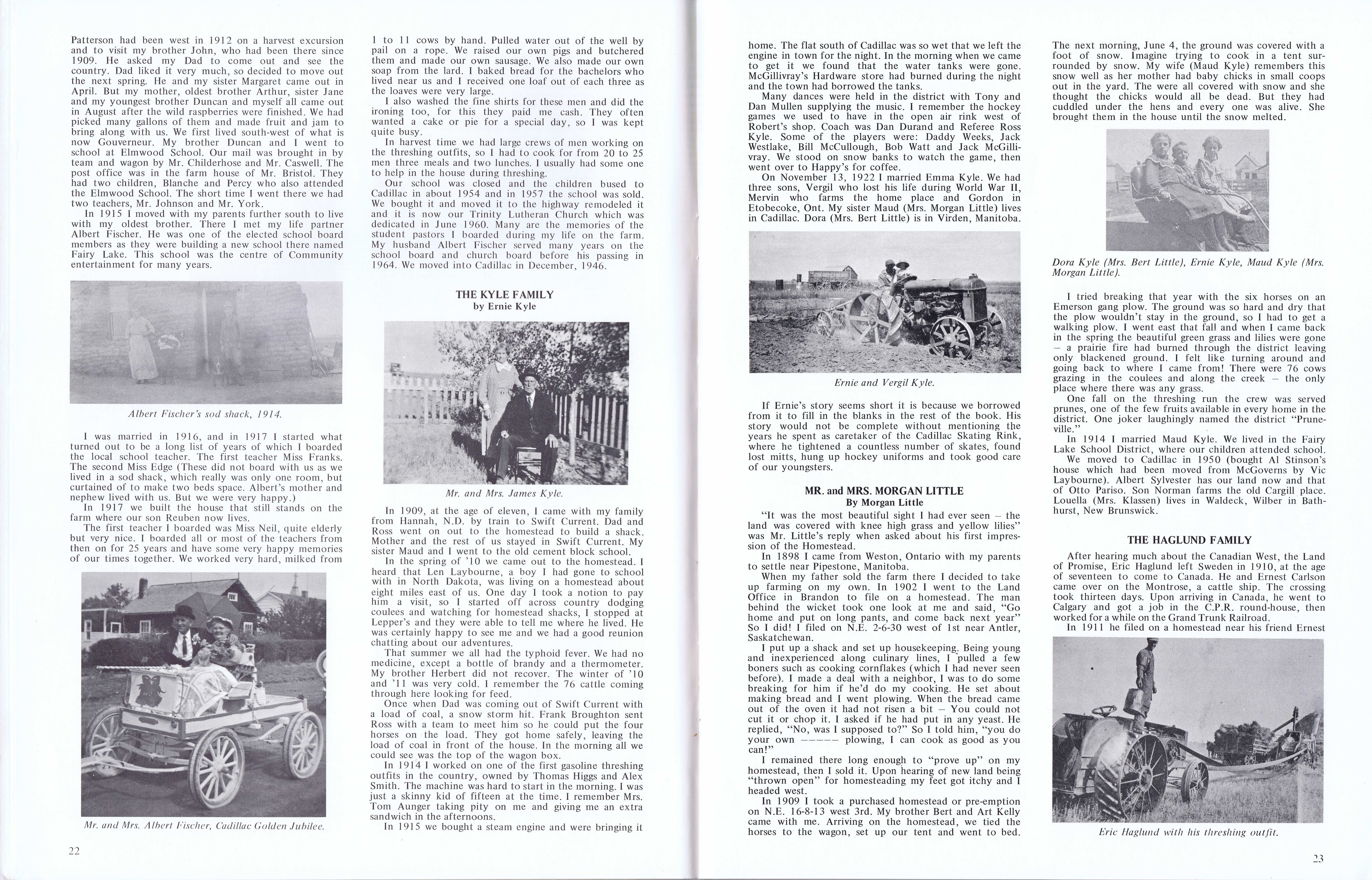 History of Cadillac and Surrounding District, The Good Old Days, Prepared by Alta Legros and Marlene Davidson for Homecoming '71, Elmwood, Fairy Lake, Boule Creek, Priory, Wheatville, Crichton, Bedford, Orwell, Highway, Gouverneur, McKnight, Pinto Head, Driscol Lake, Frenchville, Lac Pelletier, Notre Dame, Cadillac,  Saskatchewan, Canada   