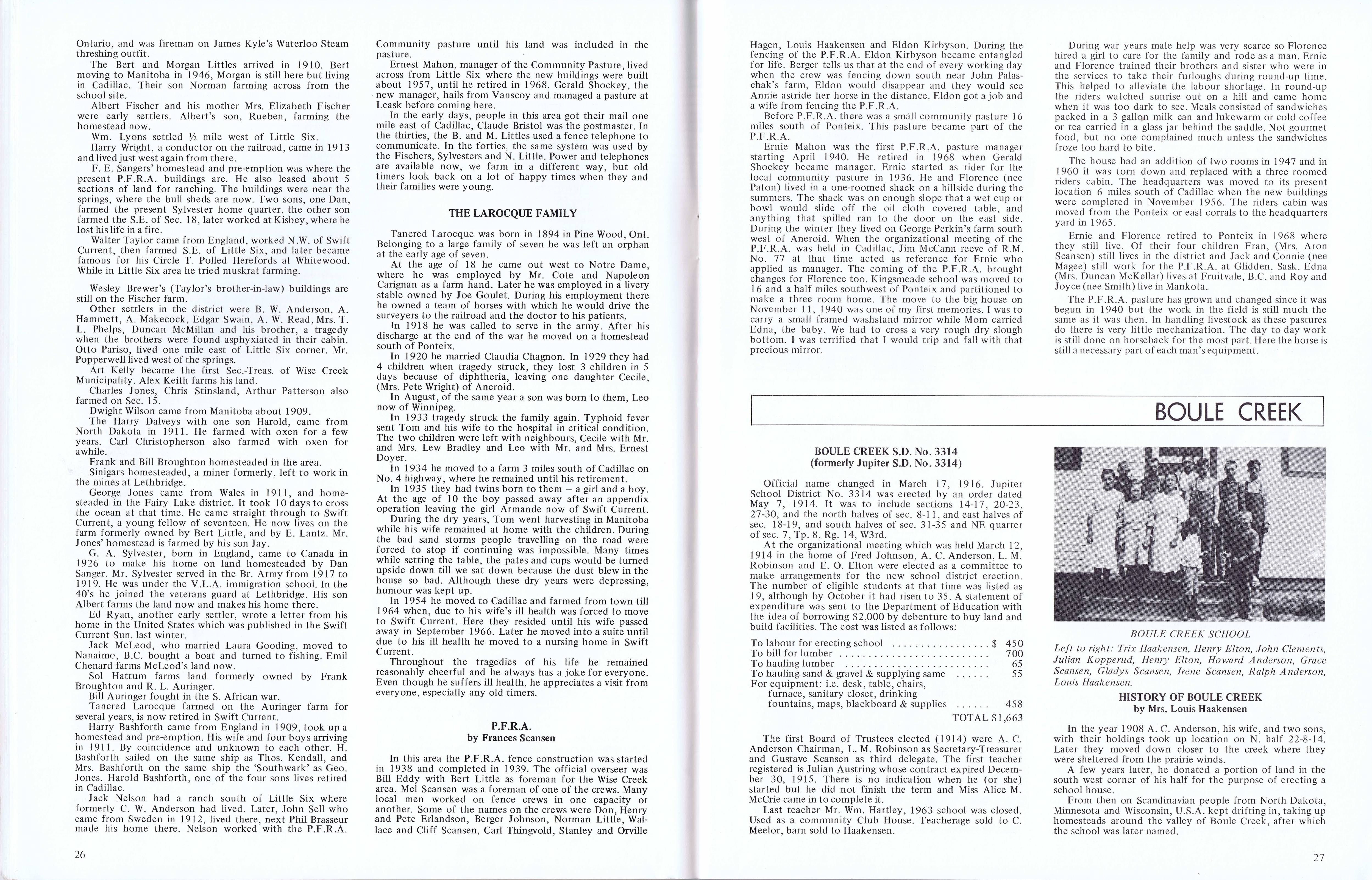 History of Cadillac and Surrounding District, The Good Old Days, Prepared by Alta Legros and Marlene Davidson for Homecoming '71, Elmwood, Fairy Lake, Boule Creek, Priory, Wheatville, Crichton, Bedford, Orwell, Highway, Gouverneur, McKnight, Pinto Head, Driscol Lake, Frenchville, Lac Pelletier, Notre Dame, Cadillac,  Saskatchewan, Canada   