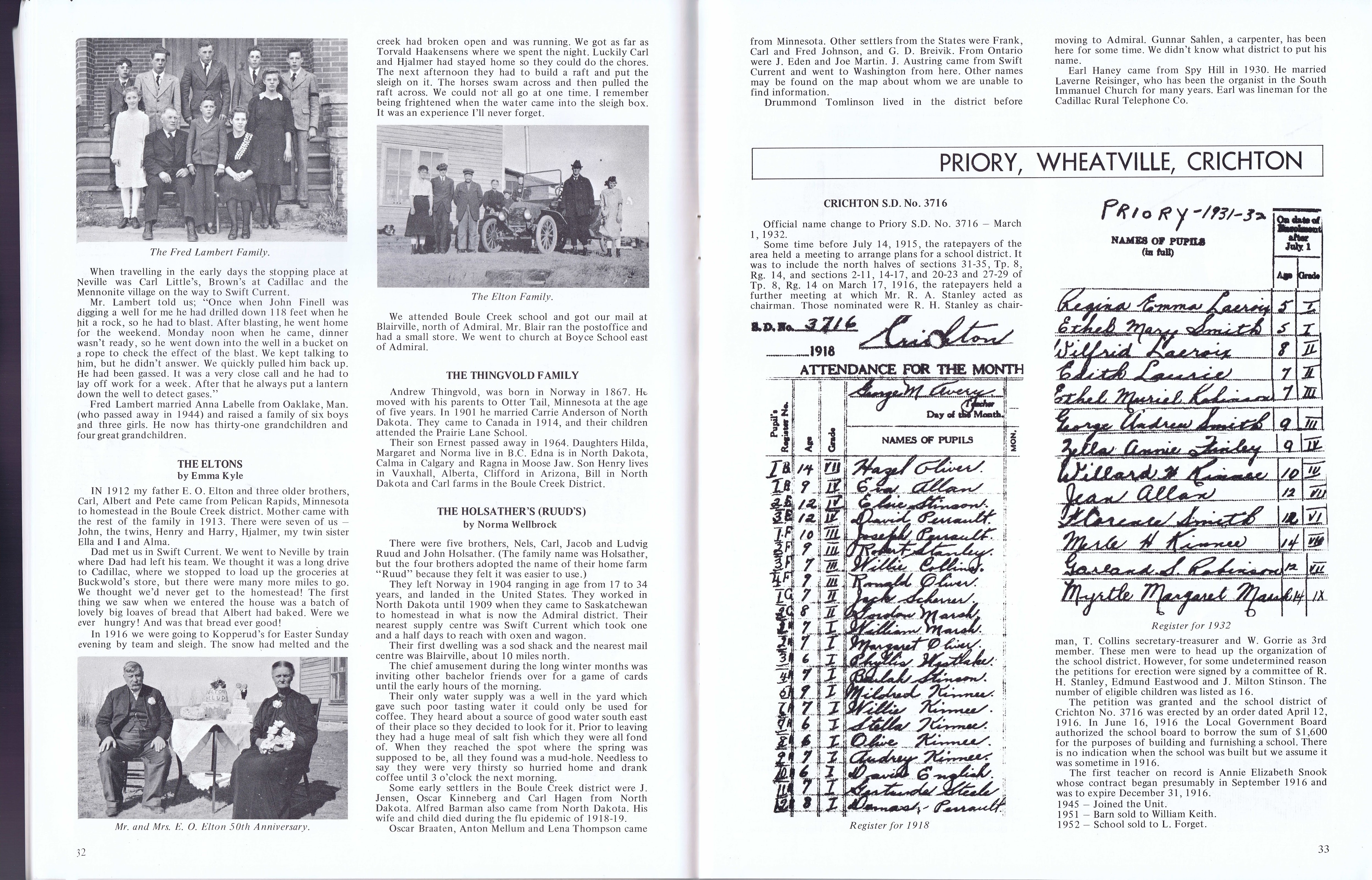 History of Cadillac and Surrounding District, The Good Old Days, Prepared by Alta Legros and Marlene Davidson for Homecoming '71, Elmwood, Fairy Lake, Boule Creek, Priory, Wheatville, Crichton, Bedford, Orwell, Highway, Gouverneur, McKnight, Pinto Head, Driscol Lake, Frenchville, Lac Pelletier, Notre Dame, Cadillac,  Saskatchewan, Canada   