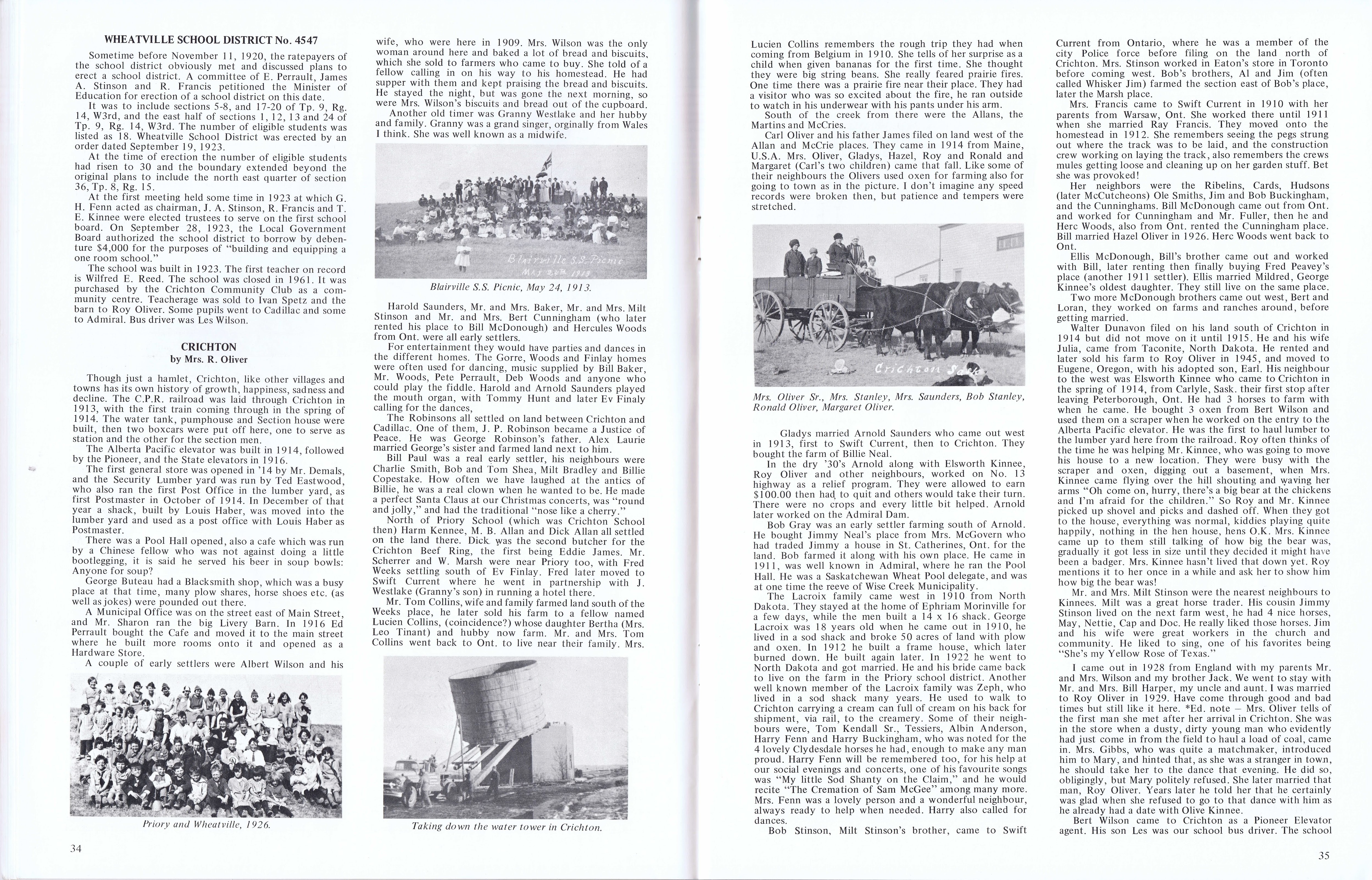 History of Cadillac and Surrounding District, The Good Old Days, Prepared by Alta Legros and Marlene Davidson for Homecoming '71, Elmwood, Fairy Lake, Boule Creek, Priory, Wheatville, Crichton, Bedford, Orwell, Highway, Gouverneur, McKnight, Pinto Head, Driscol Lake, Frenchville, Lac Pelletier, Notre Dame, Cadillac,  Saskatchewan, Canada   
