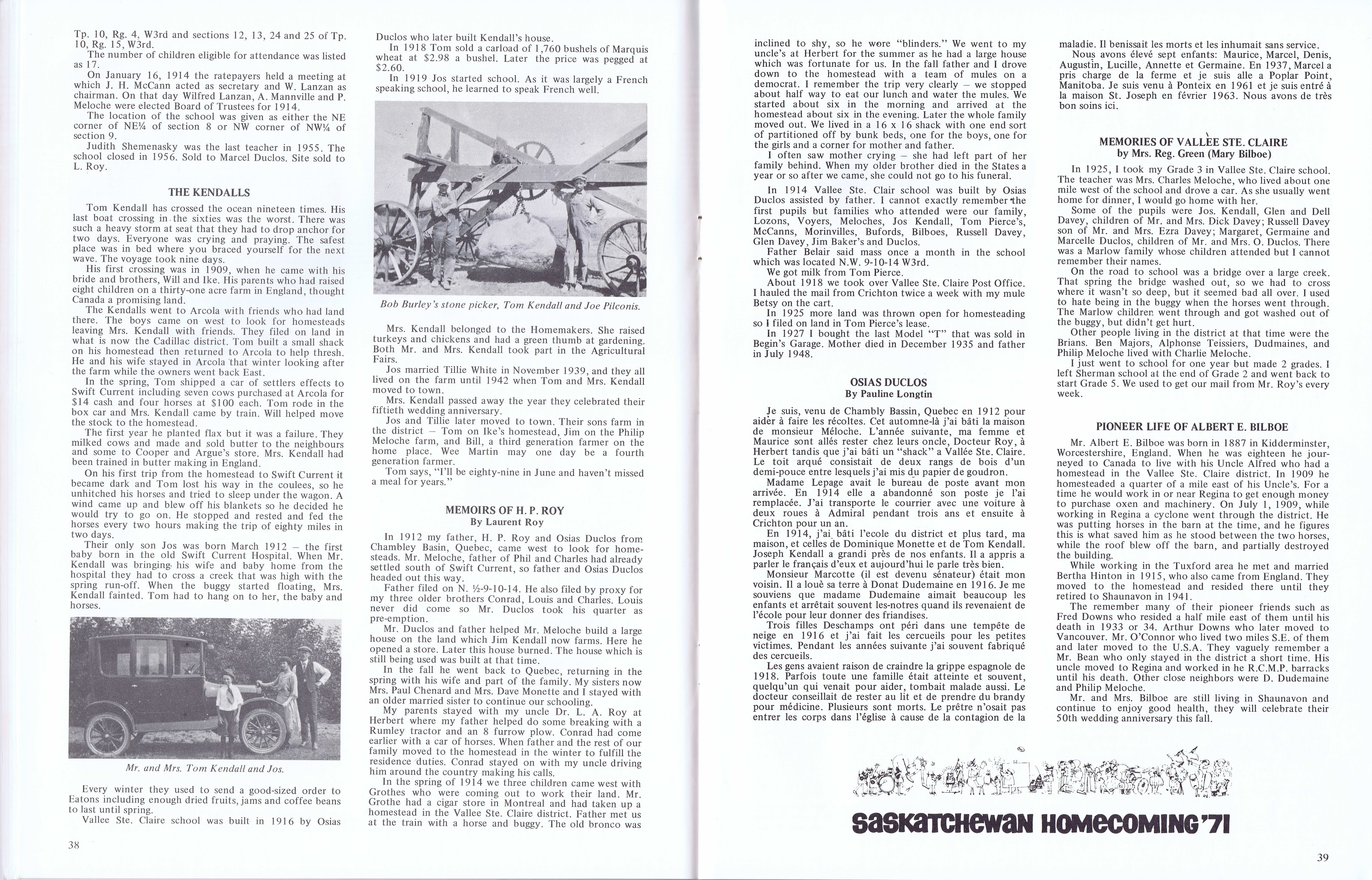 History of Cadillac and Surrounding District, The Good Old Days, Prepared by Alta Legros and Marlene Davidson for Homecoming '71, Elmwood, Fairy Lake, Boule Creek, Priory, Wheatville, Crichton, Bedford, Orwell, Highway, Gouverneur, McKnight, Pinto Head, Driscol Lake, Frenchville, Lac Pelletier, Notre Dame, Cadillac,  Saskatchewan, Canada   