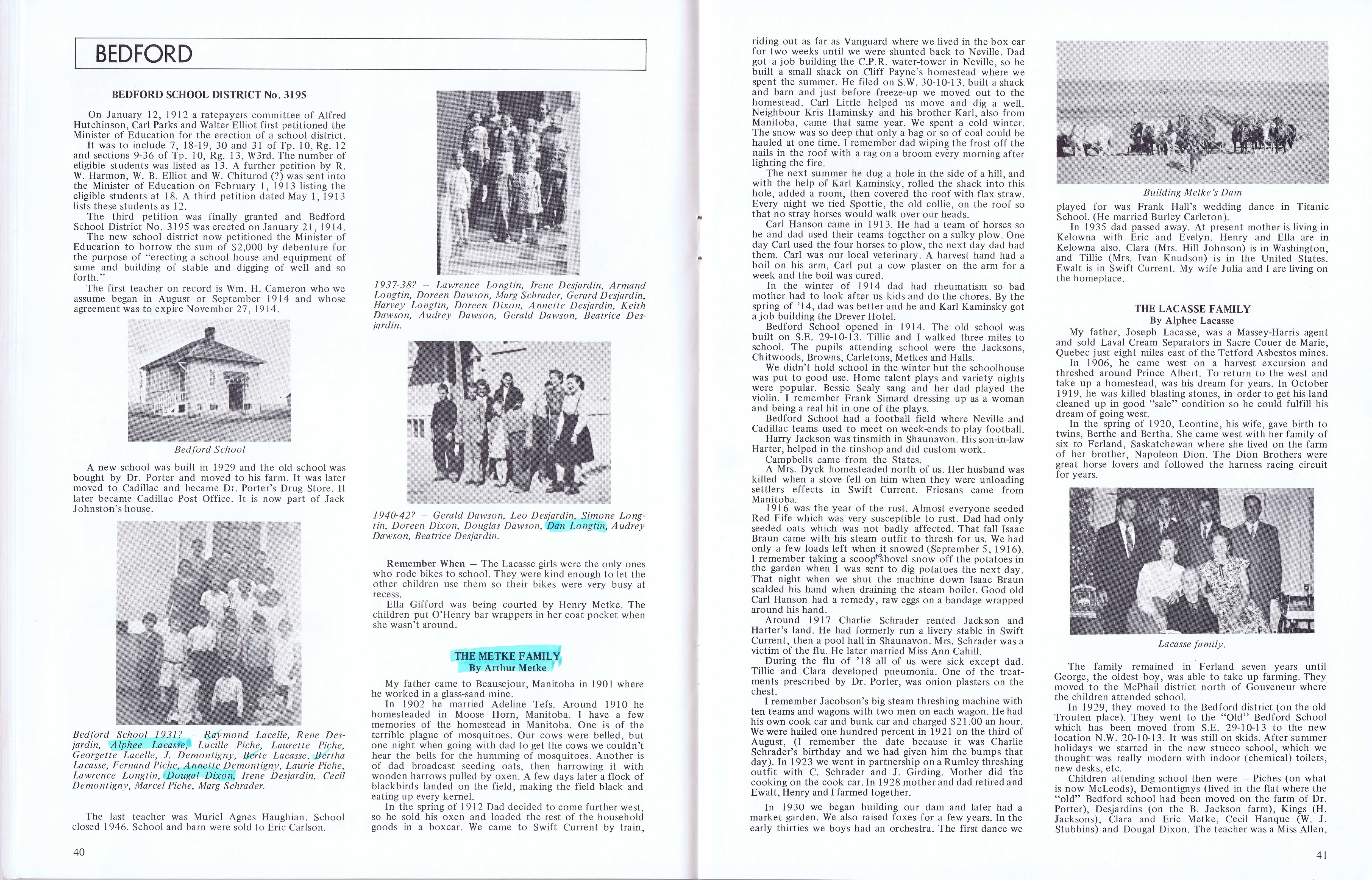 History of Cadillac and Surrounding District, The Good Old Days, Prepared by Alta Legros and Marlene Davidson for Homecoming '71, Elmwood, Fairy Lake, Boule Creek, Priory, Wheatville, Crichton, Bedford, Orwell, Highway, Gouverneur, McKnight, Pinto Head, Driscol Lake, Frenchville, Lac Pelletier, Notre Dame, Cadillac,  Saskatchewan, Canada   