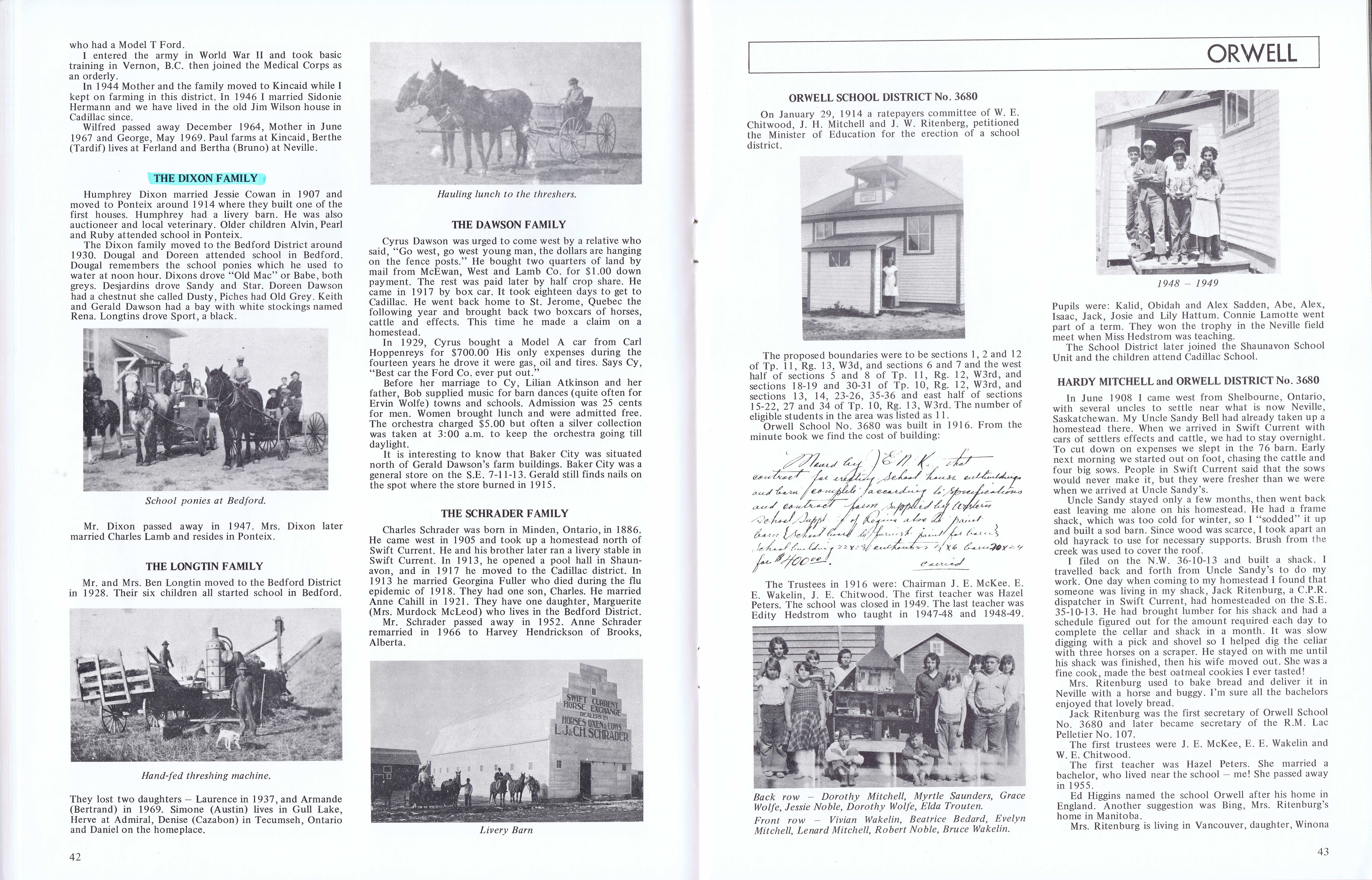 History of Cadillac and Surrounding District, The Good Old Days, Prepared by Alta Legros and Marlene Davidson for Homecoming '71, Elmwood, Fairy Lake, Boule Creek, Priory, Wheatville, Crichton, Bedford, Orwell, Highway, Gouverneur, McKnight, Pinto Head, Driscol Lake, Frenchville, Lac Pelletier, Notre Dame, Cadillac,  Saskatchewan, Canada   