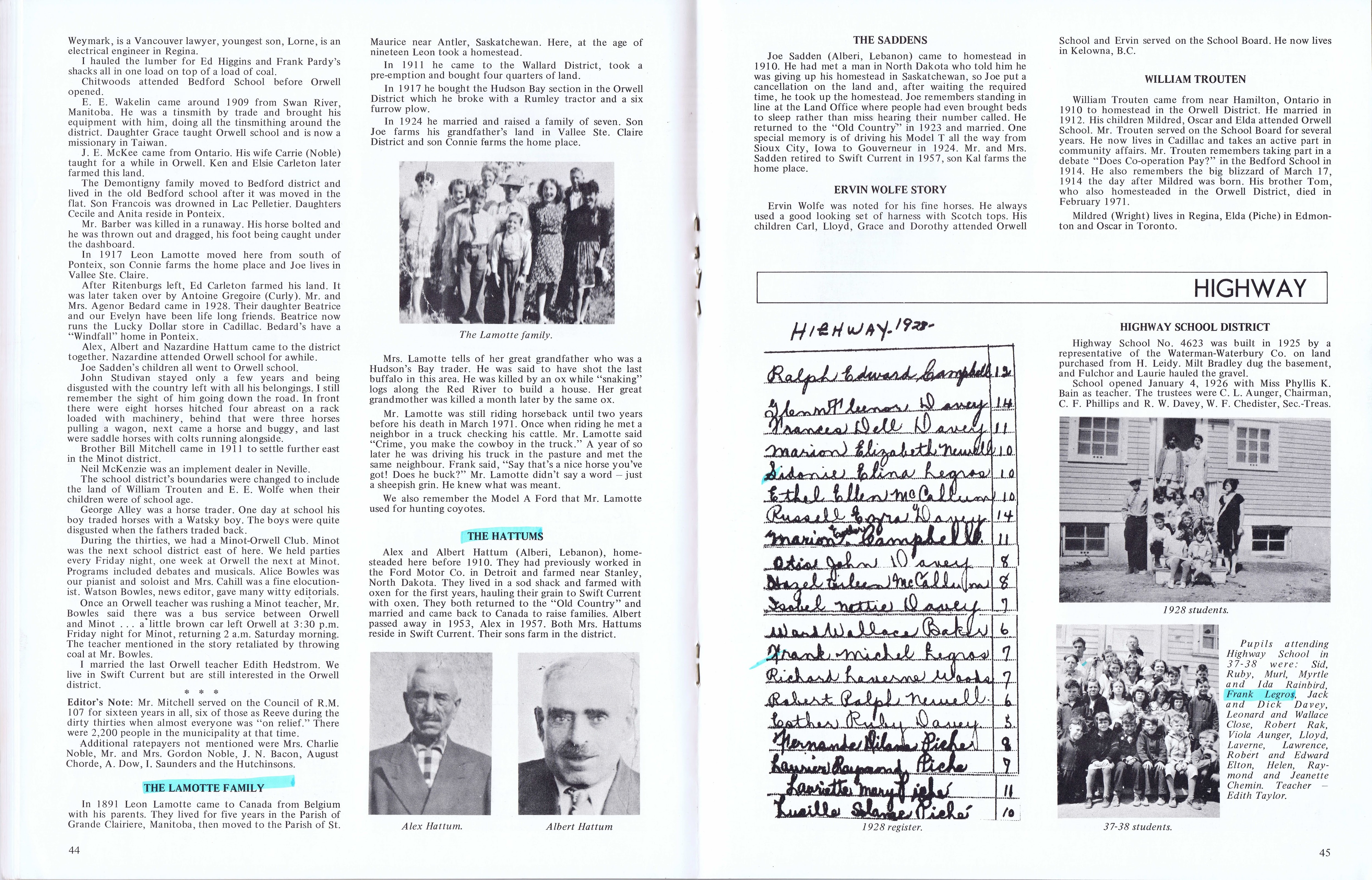 History of Cadillac and Surrounding District, The Good Old Days, Prepared by Alta Legros and Marlene Davidson for Homecoming '71, Elmwood, Fairy Lake, Boule Creek, Priory, Wheatville, Crichton, Bedford, Orwell, Highway, Gouverneur, McKnight, Pinto Head, Driscol Lake, Frenchville, Lac Pelletier, Notre Dame, Cadillac,  Saskatchewan, Canada   