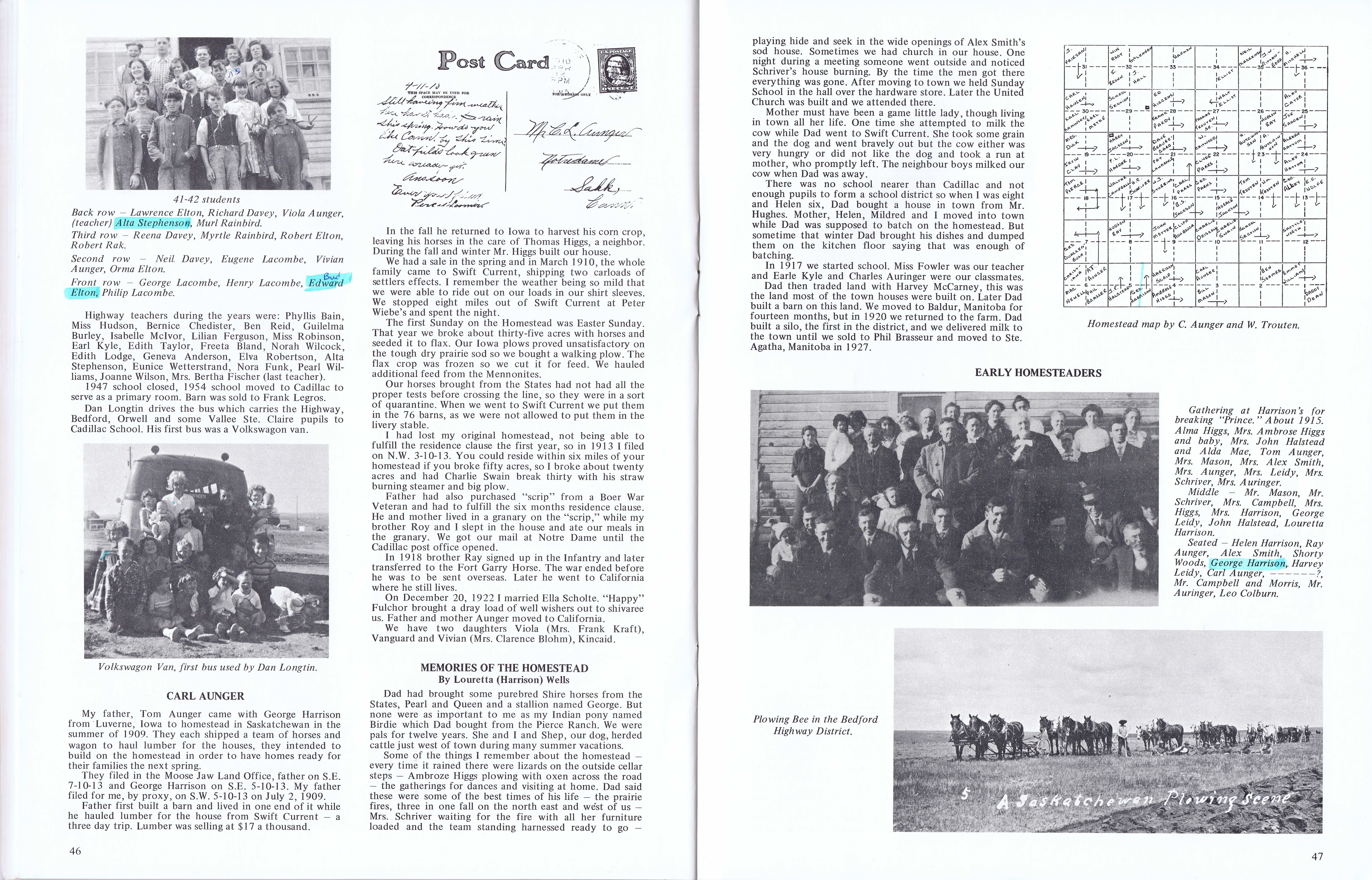 History of Cadillac and Surrounding District, The Good Old Days, Prepared by Alta Legros and Marlene Davidson for Homecoming '71, Elmwood, Fairy Lake, Boule Creek, Priory, Wheatville, Crichton, Bedford, Orwell, Highway, Gouverneur, McKnight, Pinto Head, Driscol Lake, Frenchville, Lac Pelletier, Notre Dame, Cadillac,  Saskatchewan, Canada   