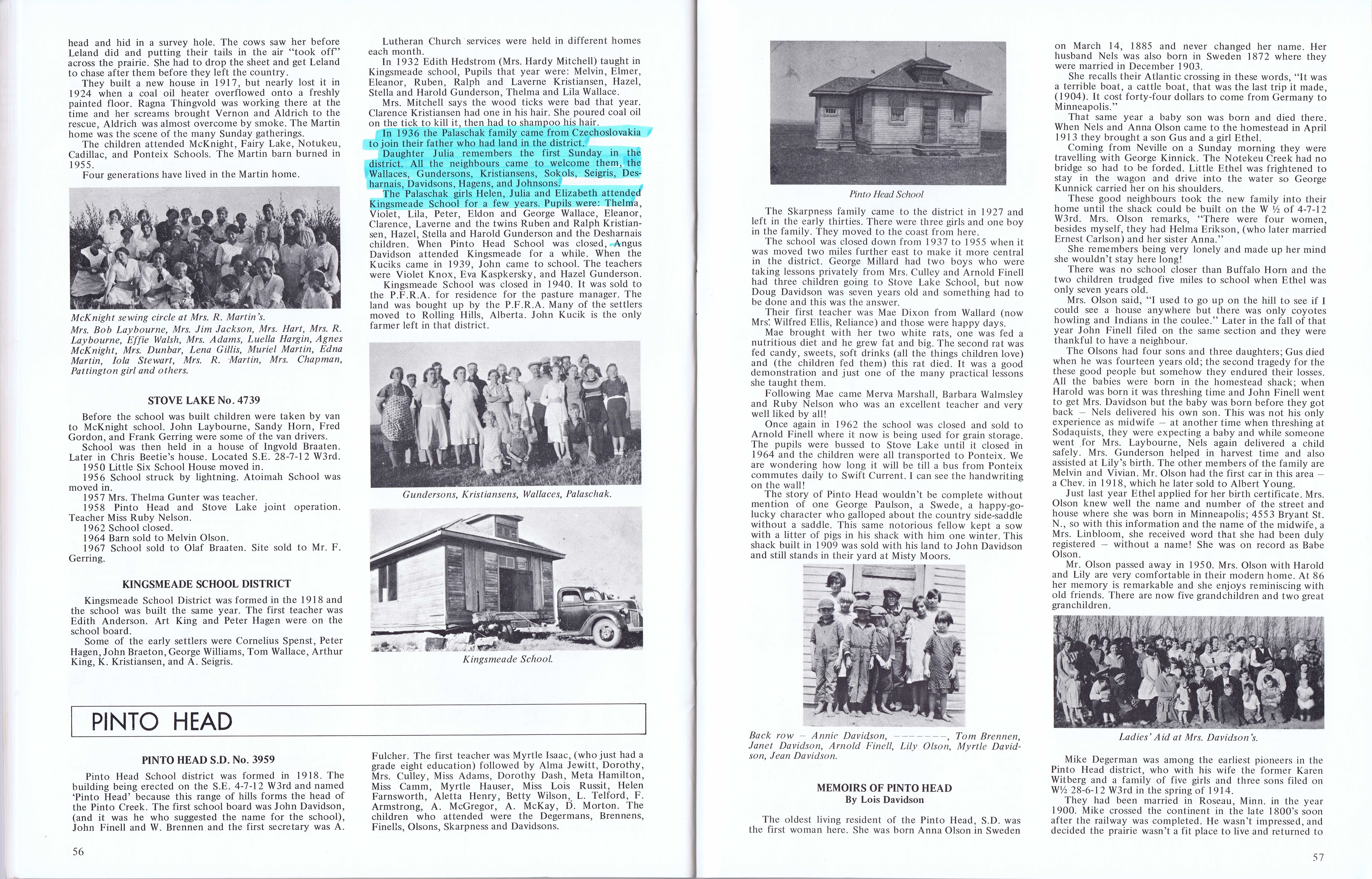 History of Cadillac and Surrounding District, The Good Old Days, Prepared by Alta Legros and Marlene Davidson for Homecoming '71, Elmwood, Fairy Lake, Boule Creek, Priory, Wheatville, Crichton, Bedford, Orwell, Highway, Gouverneur, McKnight, Pinto Head, Driscol Lake, Frenchville, Lac Pelletier, Notre Dame, Cadillac,  Saskatchewan, Canada   