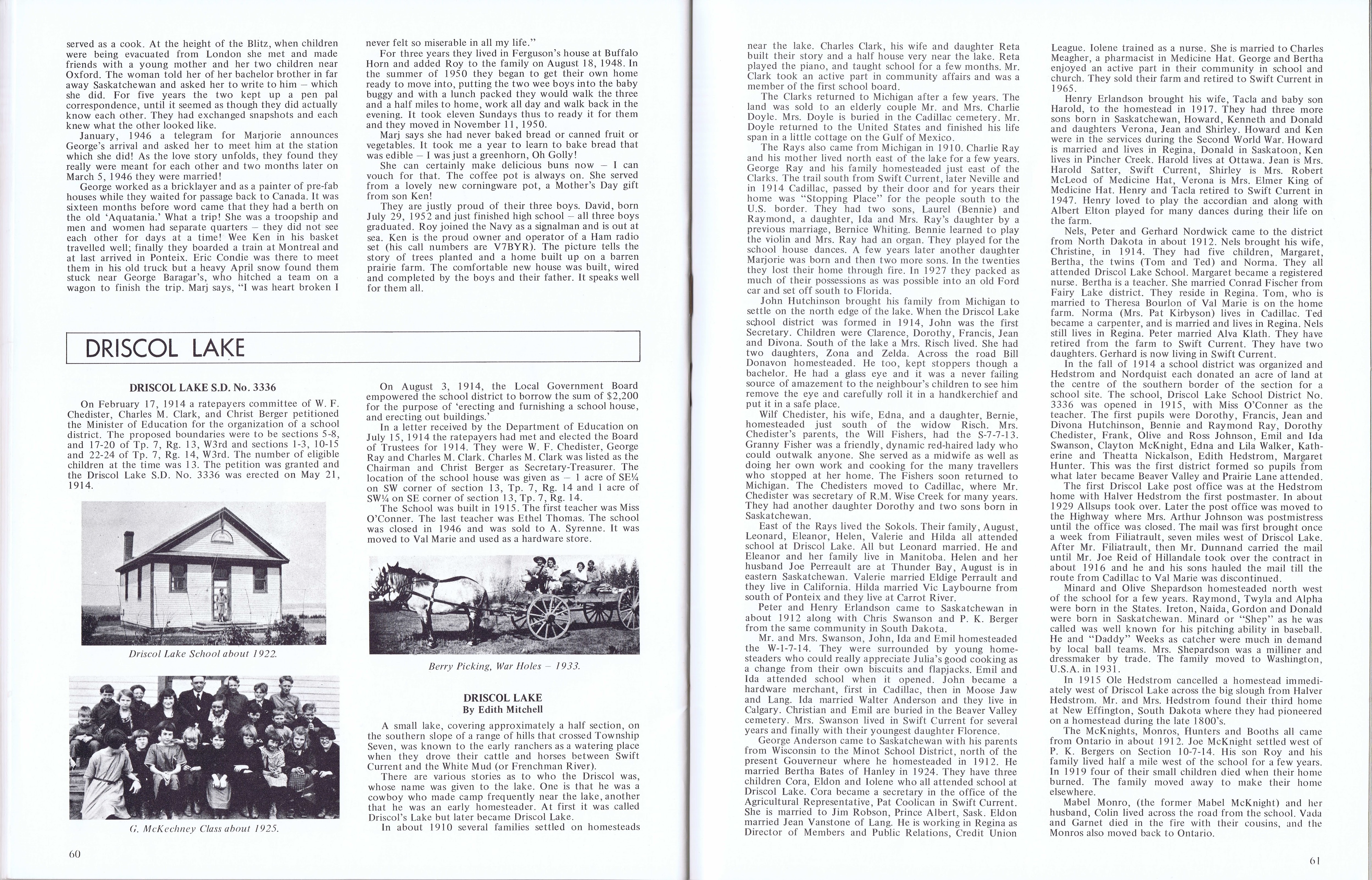 History of Cadillac and Surrounding District, The Good Old Days, Prepared by Alta Legros and Marlene Davidson for Homecoming '71, Elmwood, Fairy Lake, Boule Creek, Priory, Wheatville, Crichton, Bedford, Orwell, Highway, Gouverneur, McKnight, Pinto Head, Driscol Lake, Frenchville, Lac Pelletier, Notre Dame, Cadillac,  Saskatchewan, Canada   