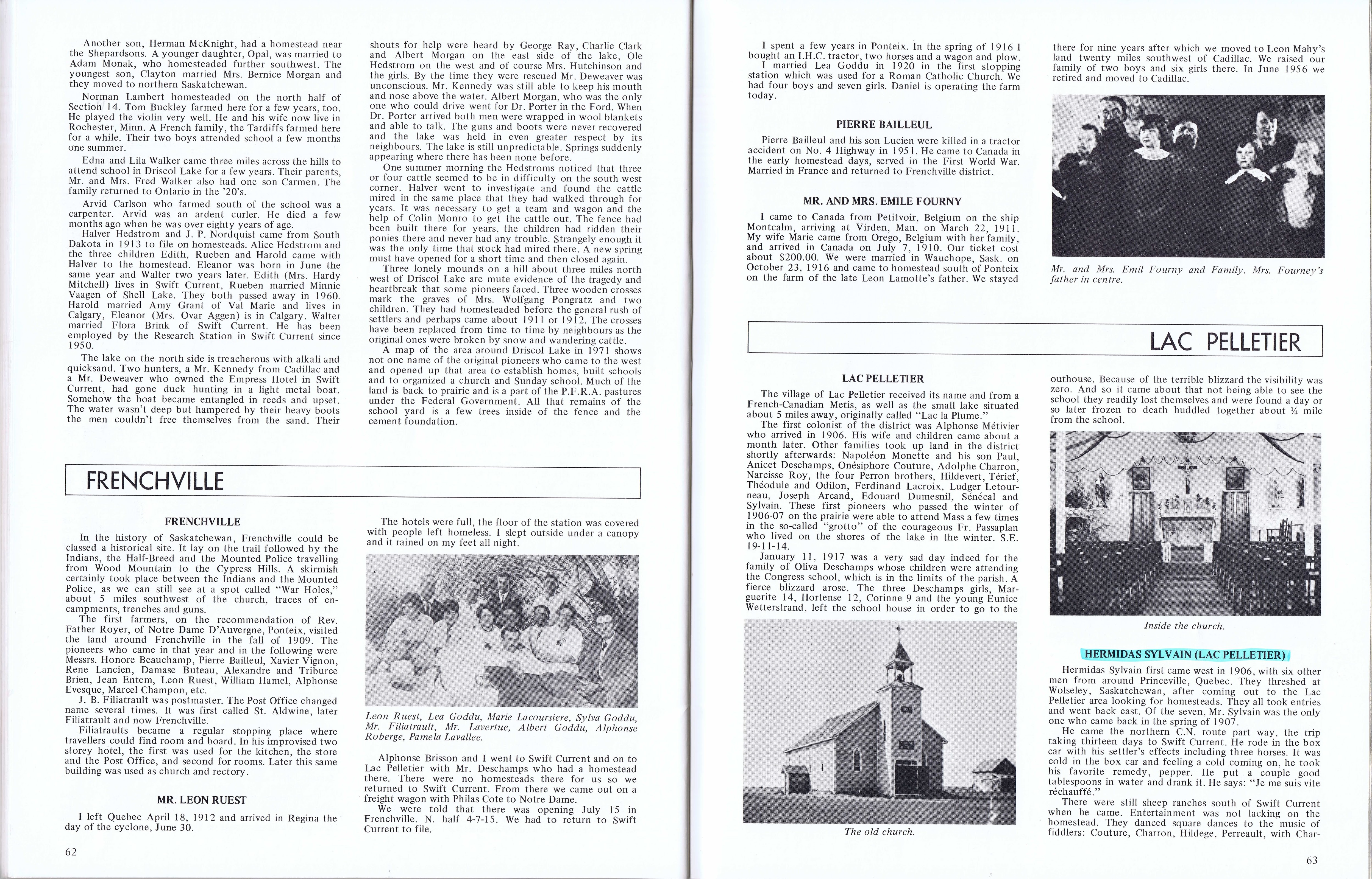 History of Cadillac and Surrounding District, The Good Old Days, Prepared by Alta Legros and Marlene Davidson for Homecoming '71, Elmwood, Fairy Lake, Boule Creek, Priory, Wheatville, Crichton, Bedford, Orwell, Highway, Gouverneur, McKnight, Pinto Head, Driscol Lake, Frenchville, Lac Pelletier, Notre Dame, Cadillac,  Saskatchewan, Canada   