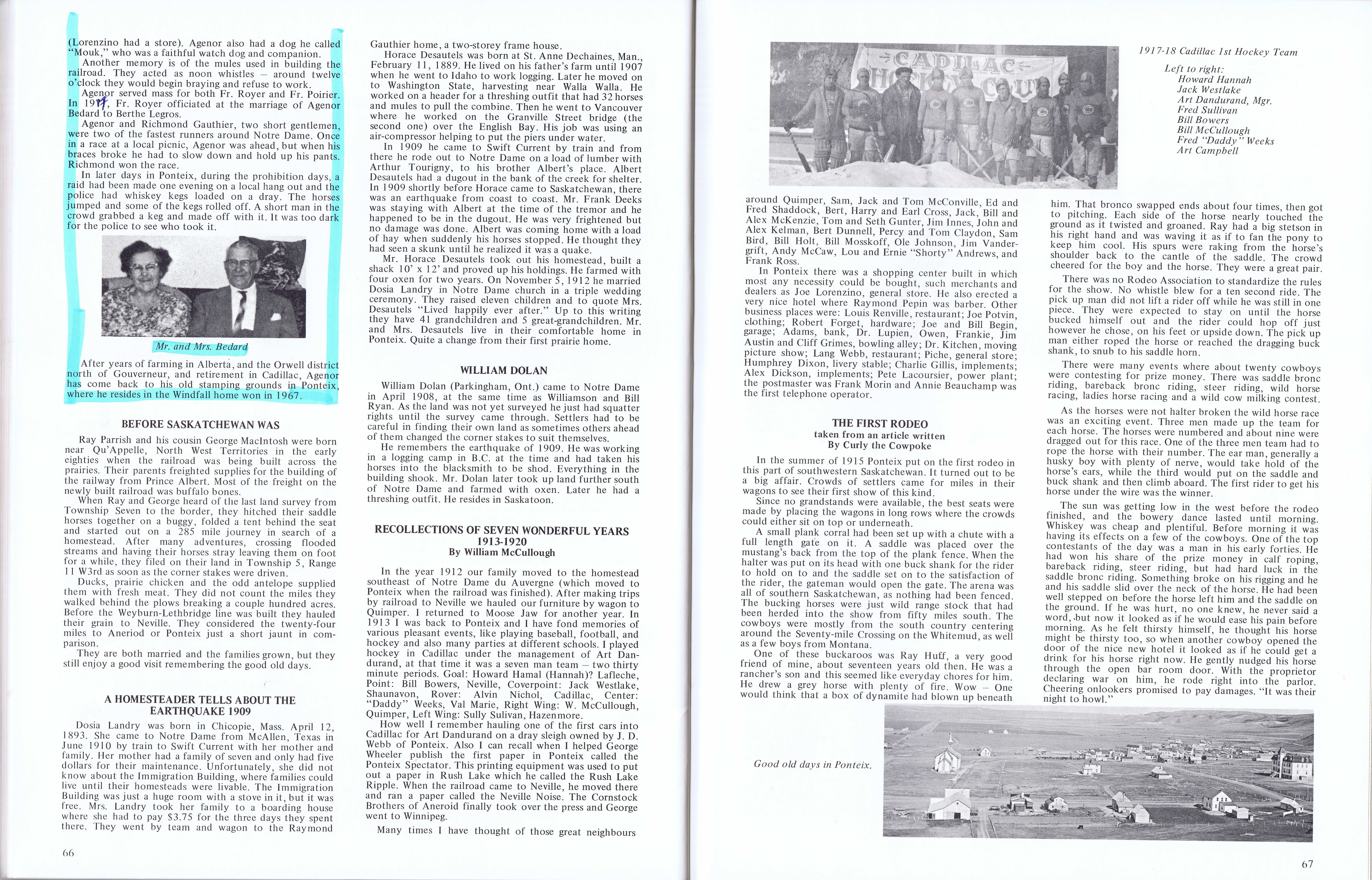 History of Cadillac and Surrounding District, The Good Old Days, Prepared by Alta Legros and Marlene Davidson for Homecoming '71, Elmwood, Fairy Lake, Boule Creek, Priory, Wheatville, Crichton, Bedford, Orwell, Highway, Gouverneur, McKnight, Pinto Head, Driscol Lake, Frenchville, Lac Pelletier, Notre Dame, Cadillac,  Saskatchewan, Canada   