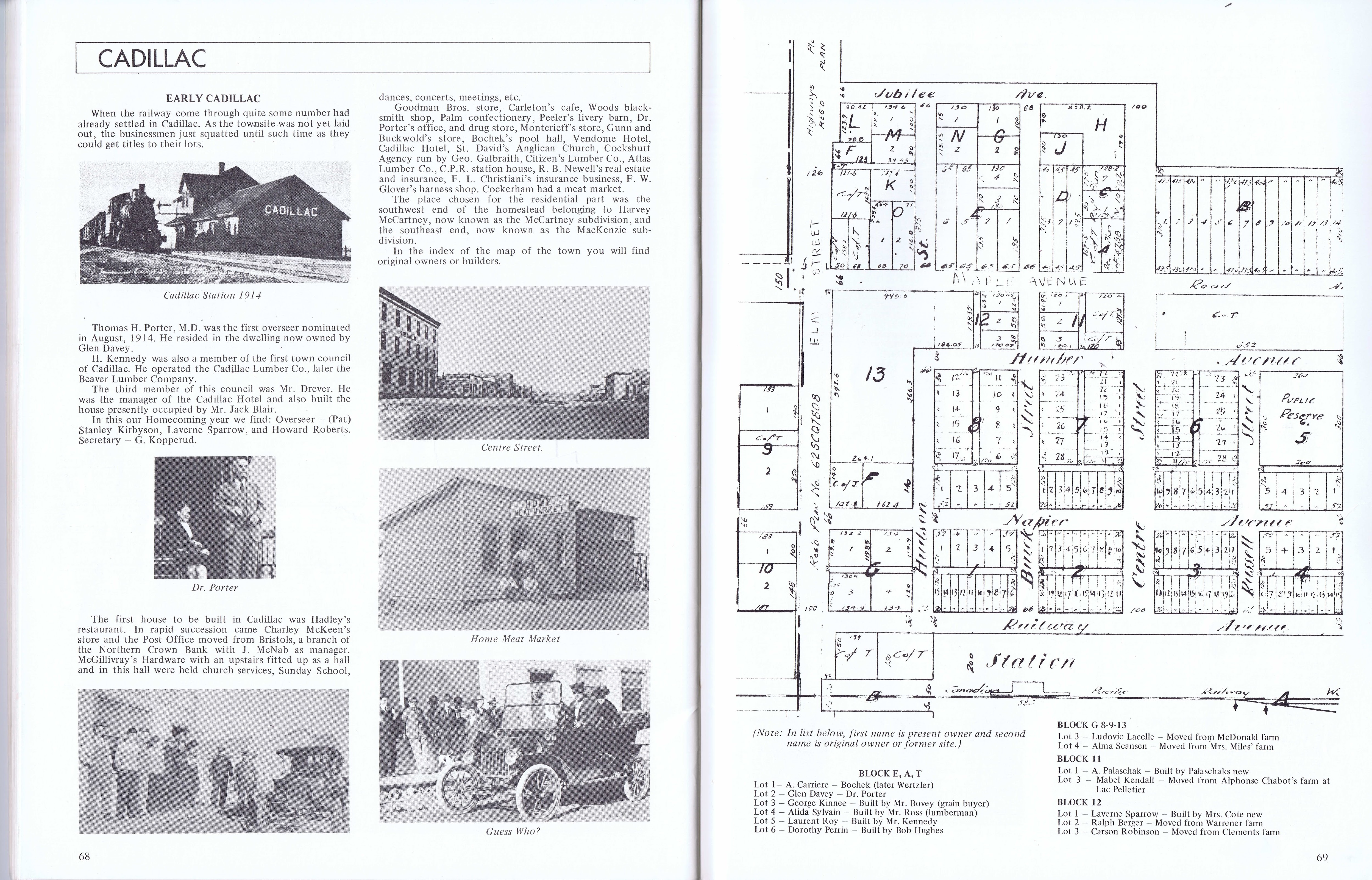 History of Cadillac and Surrounding District, The Good Old Days, Prepared by Alta Legros and Marlene Davidson for Homecoming '71, Elmwood, Fairy Lake, Boule Creek, Priory, Wheatville, Crichton, Bedford, Orwell, Highway, Gouverneur, McKnight, Pinto Head, Driscol Lake, Frenchville, Lac Pelletier, Notre Dame, Cadillac,  Saskatchewan, Canada   