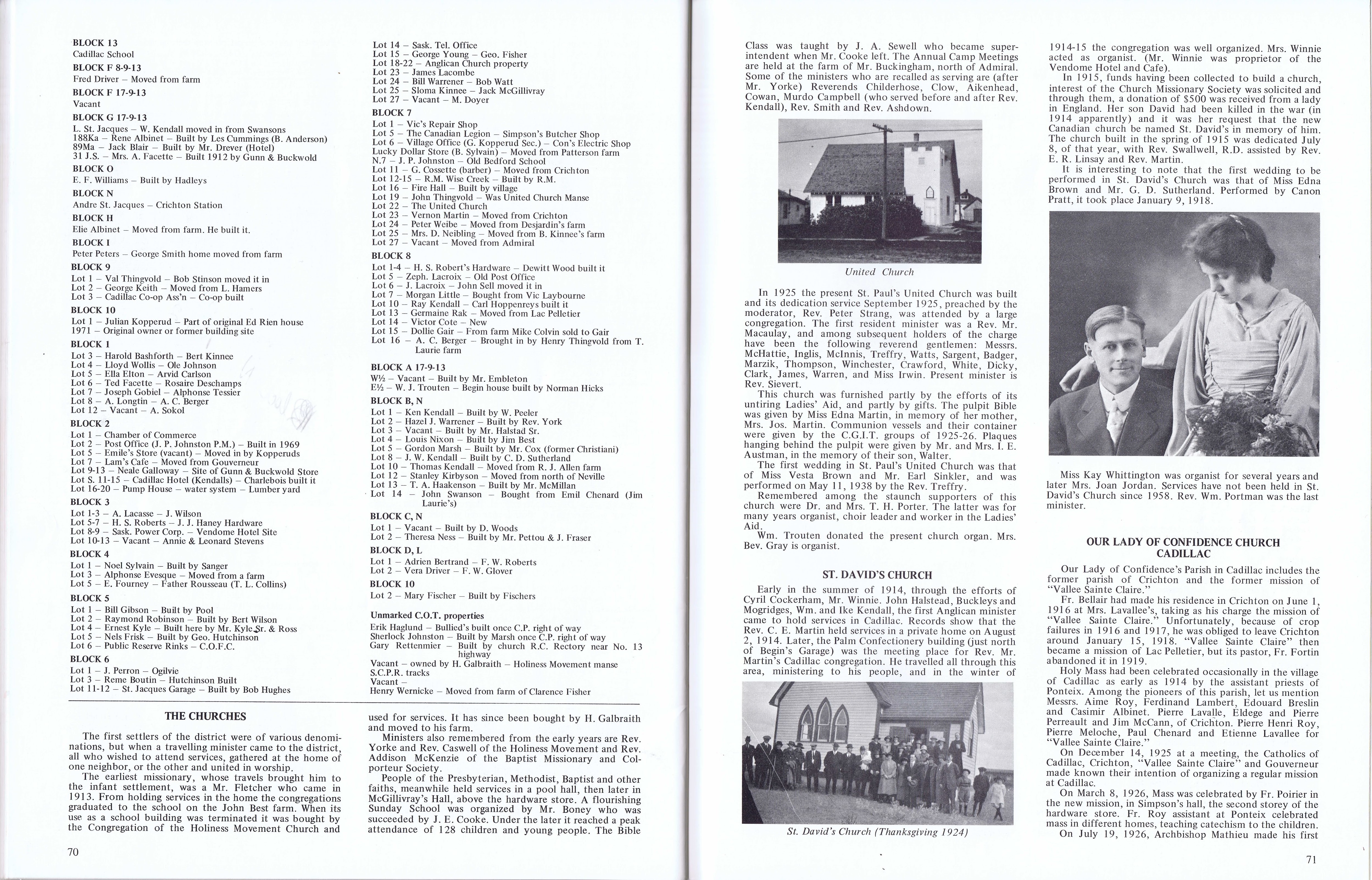 History of Cadillac and Surrounding District, The Good Old Days, Prepared by Alta Legros and Marlene Davidson for Homecoming '71, Elmwood, Fairy Lake, Boule Creek, Priory, Wheatville, Crichton, Bedford, Orwell, Highway, Gouverneur, McKnight, Pinto Head, Driscol Lake, Frenchville, Lac Pelletier, Notre Dame, Cadillac,  Saskatchewan, Canada   