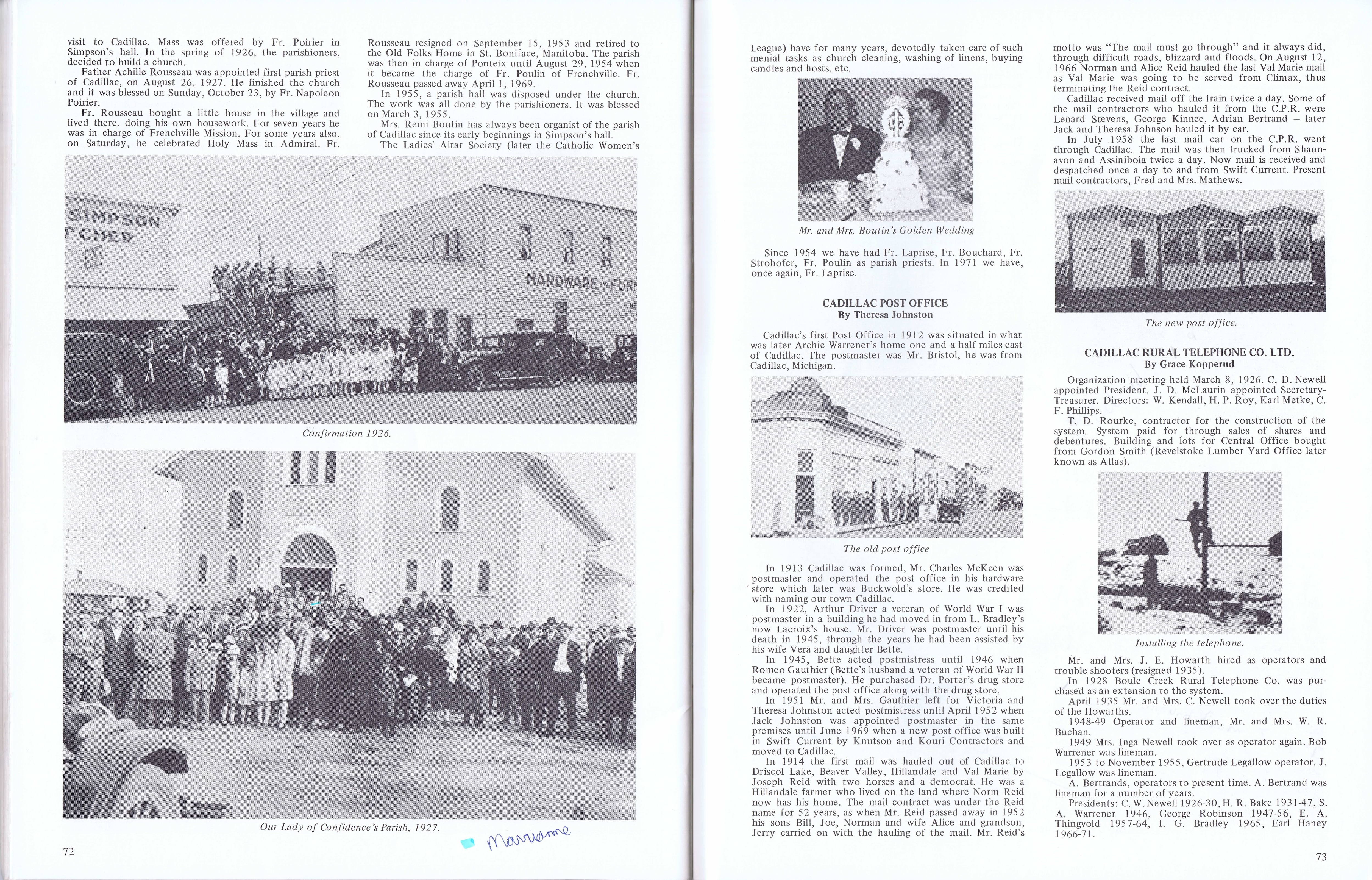 History of Cadillac and Surrounding District, The Good Old Days, Prepared by Alta Legros and Marlene Davidson for Homecoming '71, Elmwood, Fairy Lake, Boule Creek, Priory, Wheatville, Crichton, Bedford, Orwell, Highway, Gouverneur, McKnight, Pinto Head, Driscol Lake, Frenchville, Lac Pelletier, Notre Dame, Cadillac,  Saskatchewan, Canada   