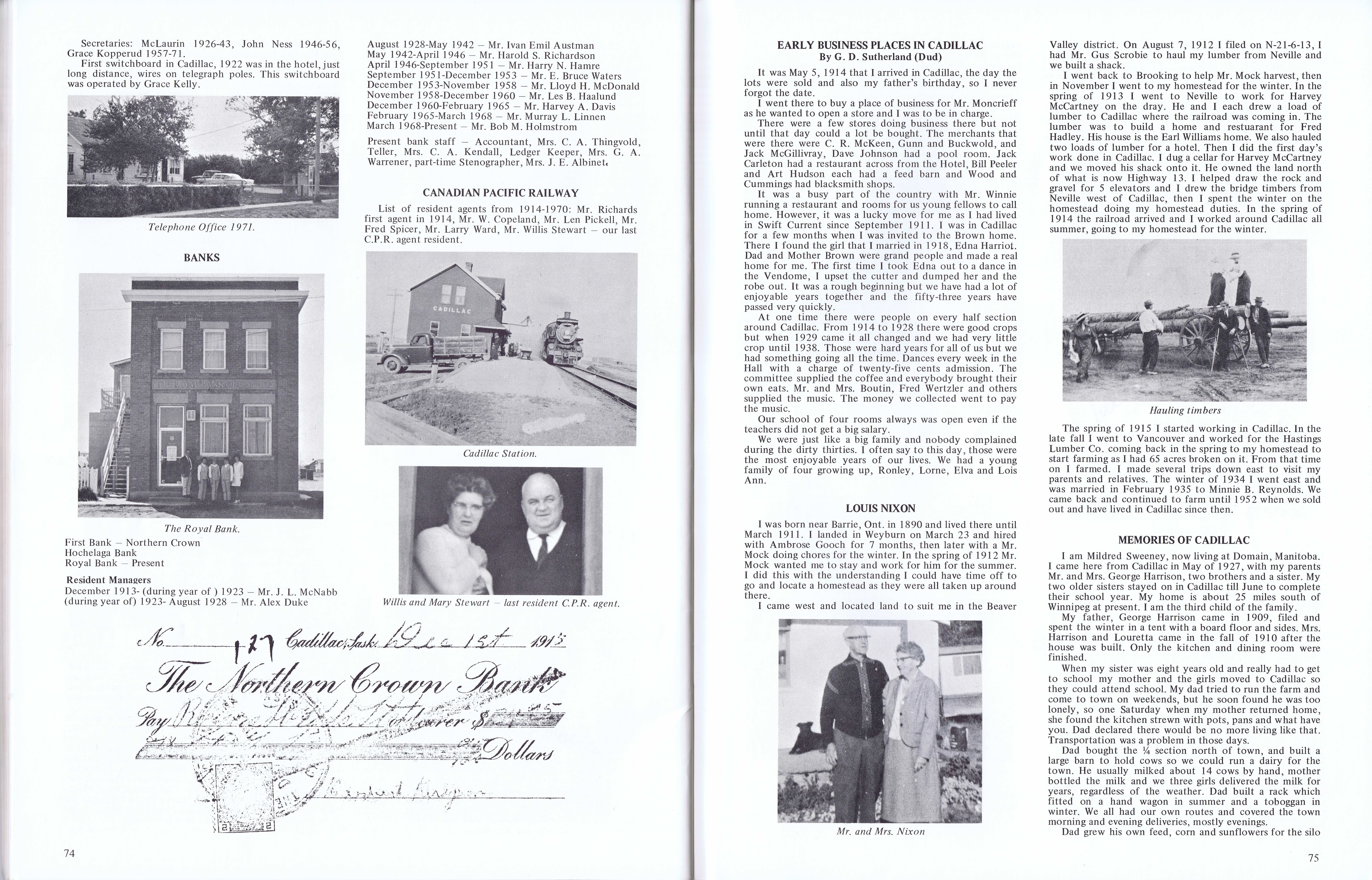 History of Cadillac and Surrounding District, The Good Old Days, Prepared by Alta Legros and Marlene Davidson for Homecoming '71, Elmwood, Fairy Lake, Boule Creek, Priory, Wheatville, Crichton, Bedford, Orwell, Highway, Gouverneur, McKnight, Pinto Head, Driscol Lake, Frenchville, Lac Pelletier, Notre Dame, Cadillac,  Saskatchewan, Canada   