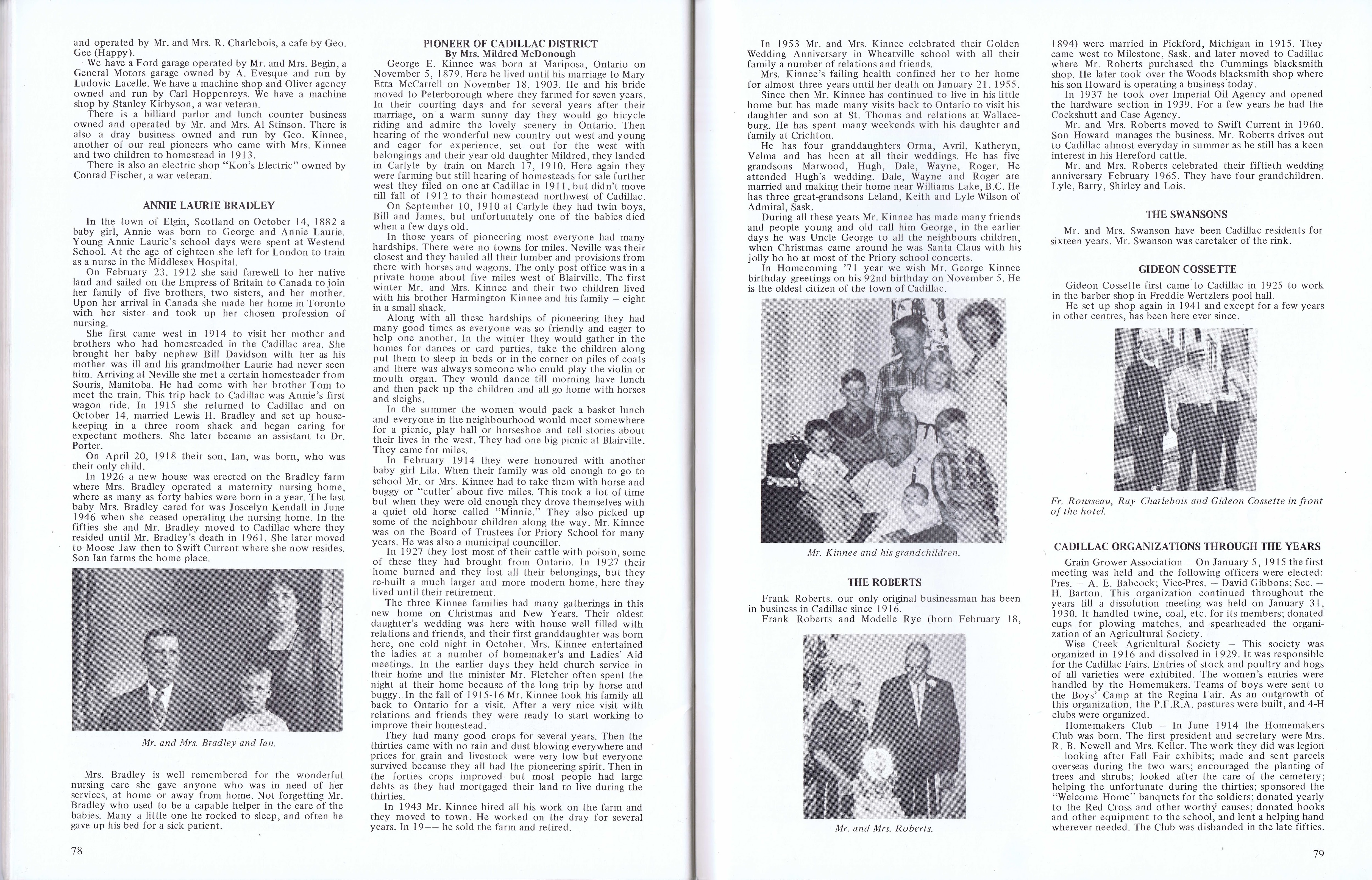 History of Cadillac and Surrounding District, The Good Old Days, Prepared by Alta Legros and Marlene Davidson for Homecoming '71, Elmwood, Fairy Lake, Boule Creek, Priory, Wheatville, Crichton, Bedford, Orwell, Highway, Gouverneur, McKnight, Pinto Head, Driscol Lake, Frenchville, Lac Pelletier, Notre Dame, Cadillac,  Saskatchewan, Canada   