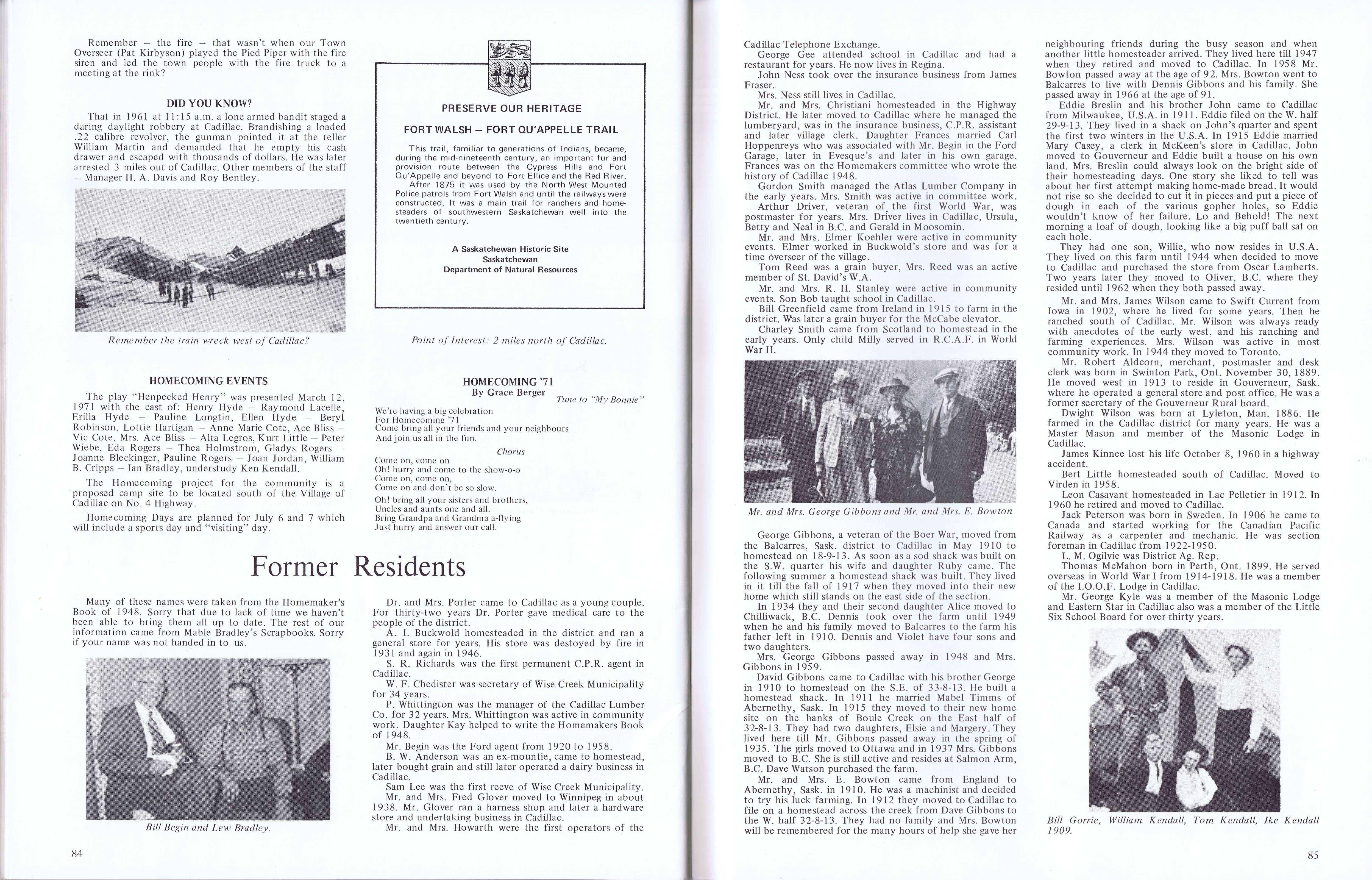 History of Cadillac and Surrounding District, The Good Old Days, Prepared by Alta Legros and Marlene Davidson for Homecoming '71, Elmwood, Fairy Lake, Boule Creek, Priory, Wheatville, Crichton, Bedford, Orwell, Highway, Gouverneur, McKnight, Pinto Head, Driscol Lake, Frenchville, Lac Pelletier, Notre Dame, Cadillac,  Saskatchewan, Canada   