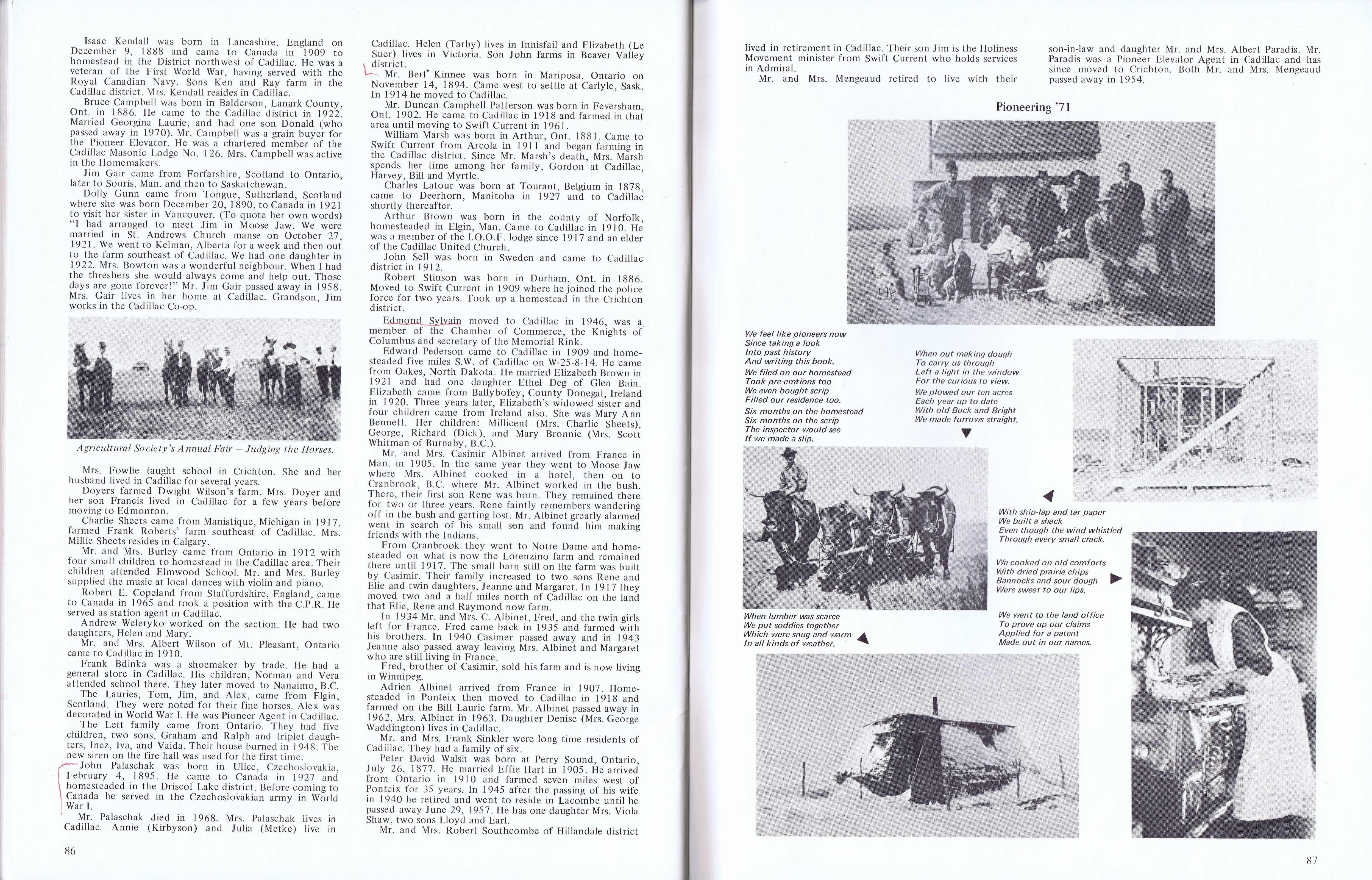 History of Cadillac and Surrounding District, The Good Old Days, Prepared by Alta Legros and Marlene Davidson for Homecoming '71, Elmwood, Fairy Lake, Boule Creek, Priory, Wheatville, Crichton, Bedford, Orwell, Highway, Gouverneur, McKnight, Pinto Head, Driscol Lake, Frenchville, Lac Pelletier, Notre Dame, Cadillac,  Saskatchewan, Canada   