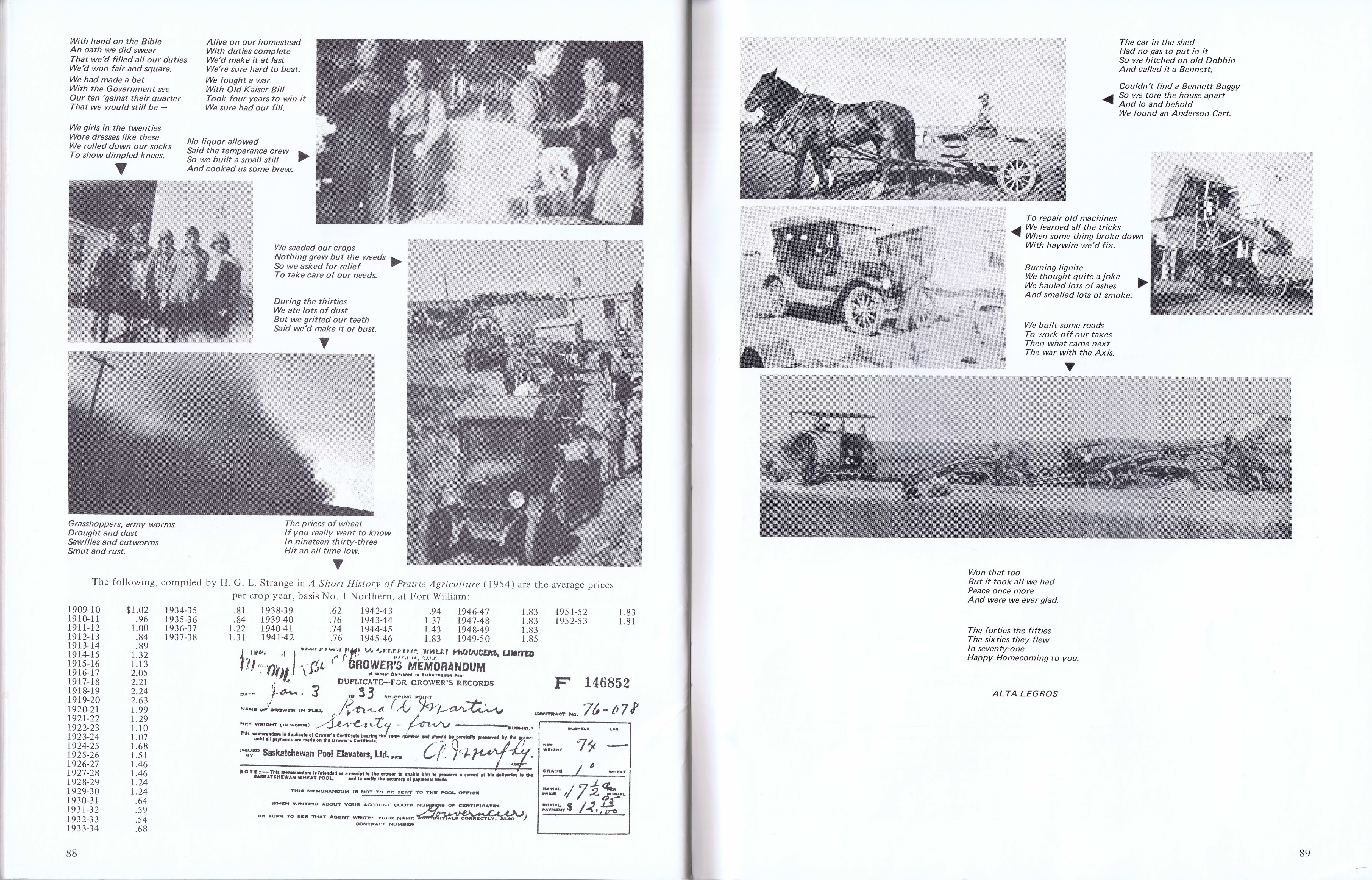 History of Cadillac and Surrounding District, The Good Old Days, Prepared by Alta Legros and Marlene Davidson for Homecoming '71, Elmwood, Fairy Lake, Boule Creek, Priory, Wheatville, Crichton, Bedford, Orwell, Highway, Gouverneur, McKnight, Pinto Head, Driscol Lake, Frenchville, Lac Pelletier, Notre Dame, Cadillac,  Saskatchewan, Canada   