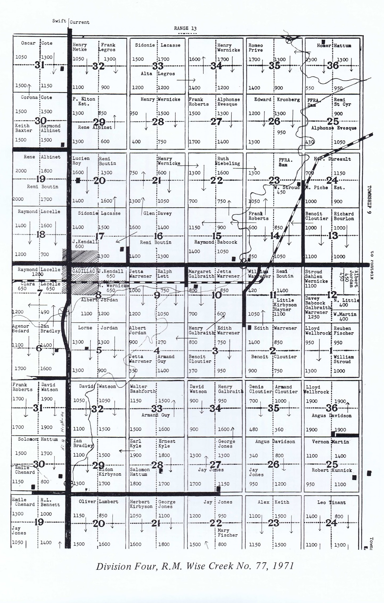 History of Cadillac and Surrounding District, The Good Old Days, Prepared by Alta Legros and Marlene Davidson for Homecoming '71, Elmwood, Fairy Lake, Boule Creek, Priory, Wheatville, Crichton, Bedford, Orwell, Highway, Gouverneur, McKnight, Pinto Head, Driscol Lake, Frenchville, Lac Pelletier, Notre Dame, Cadillac,  Saskatchewan, Canada   