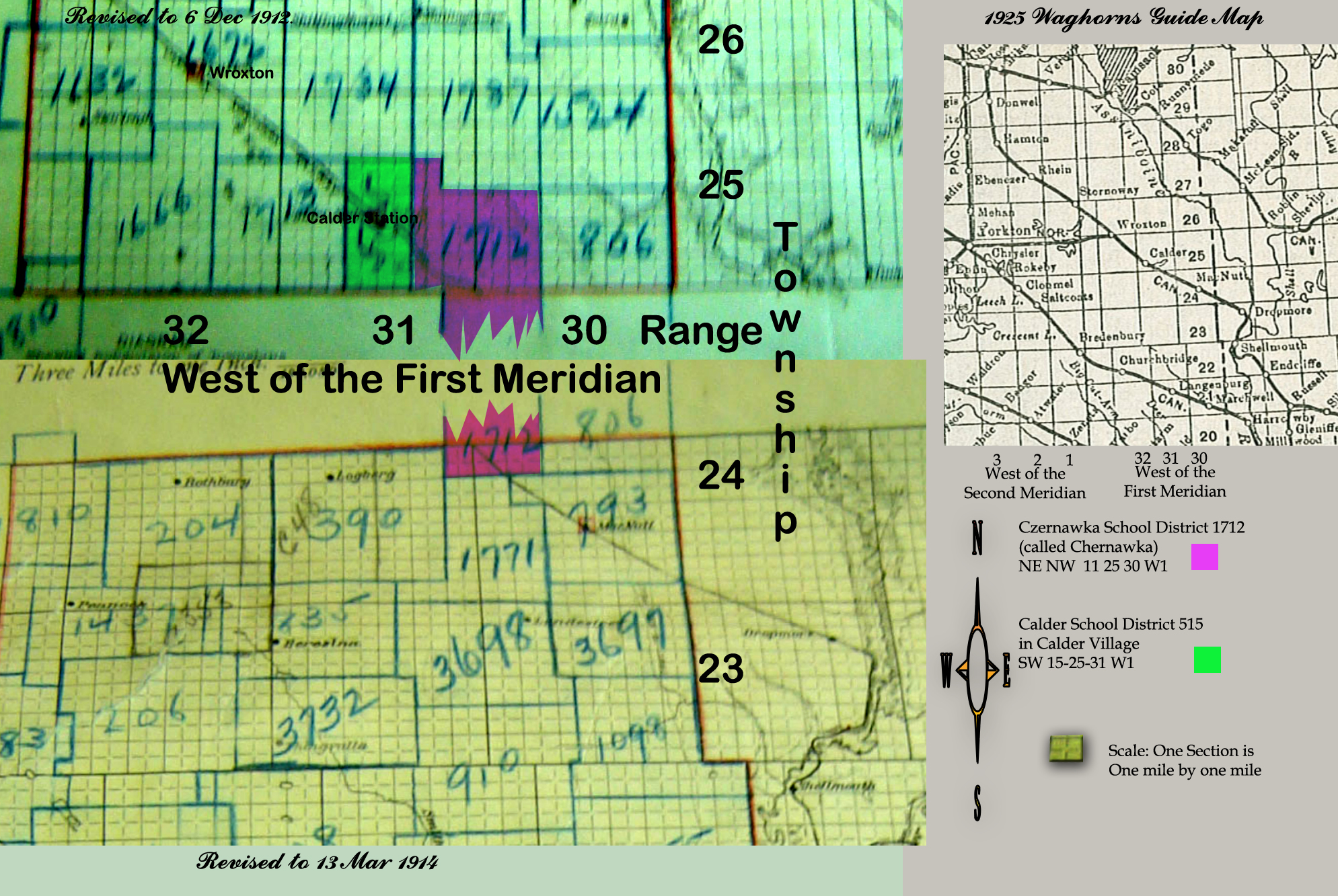 CALDER School District 515 Map.  School in Calder Village SW section 15 Township 25 West of the First Meridian  SASKATCHEWAN, CANADA