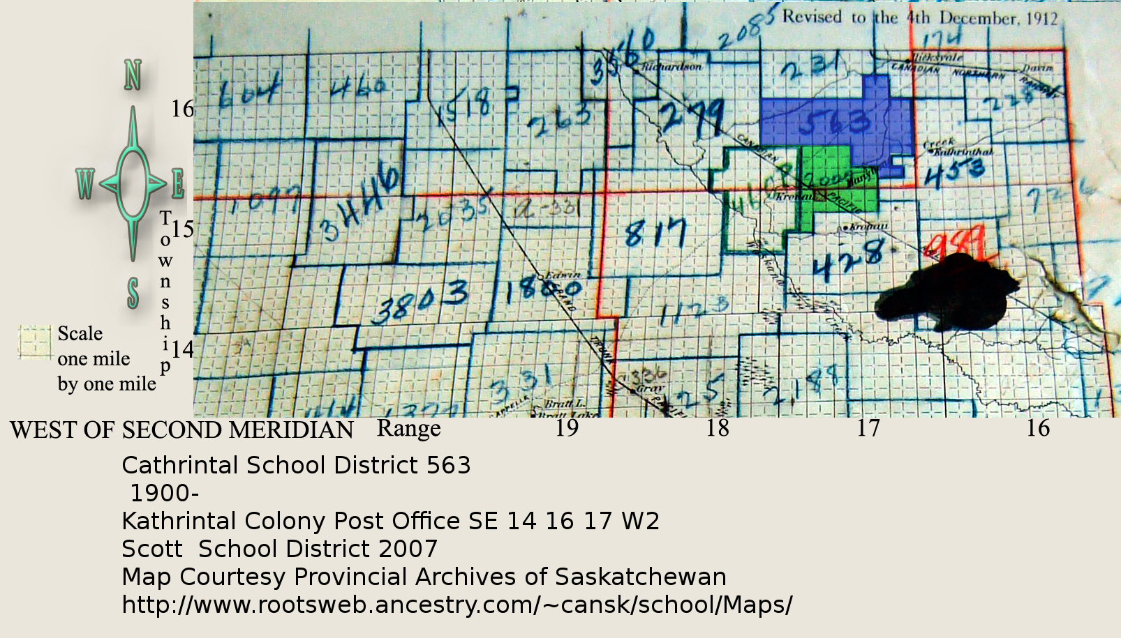 Cathrintal School District 563 Map, 1900, Kathrintal Colony Post Office SE 14 16 17 W2, Kronau, Regina,Rural Municipality of Edenwold No. 158,   Saskatchewan 