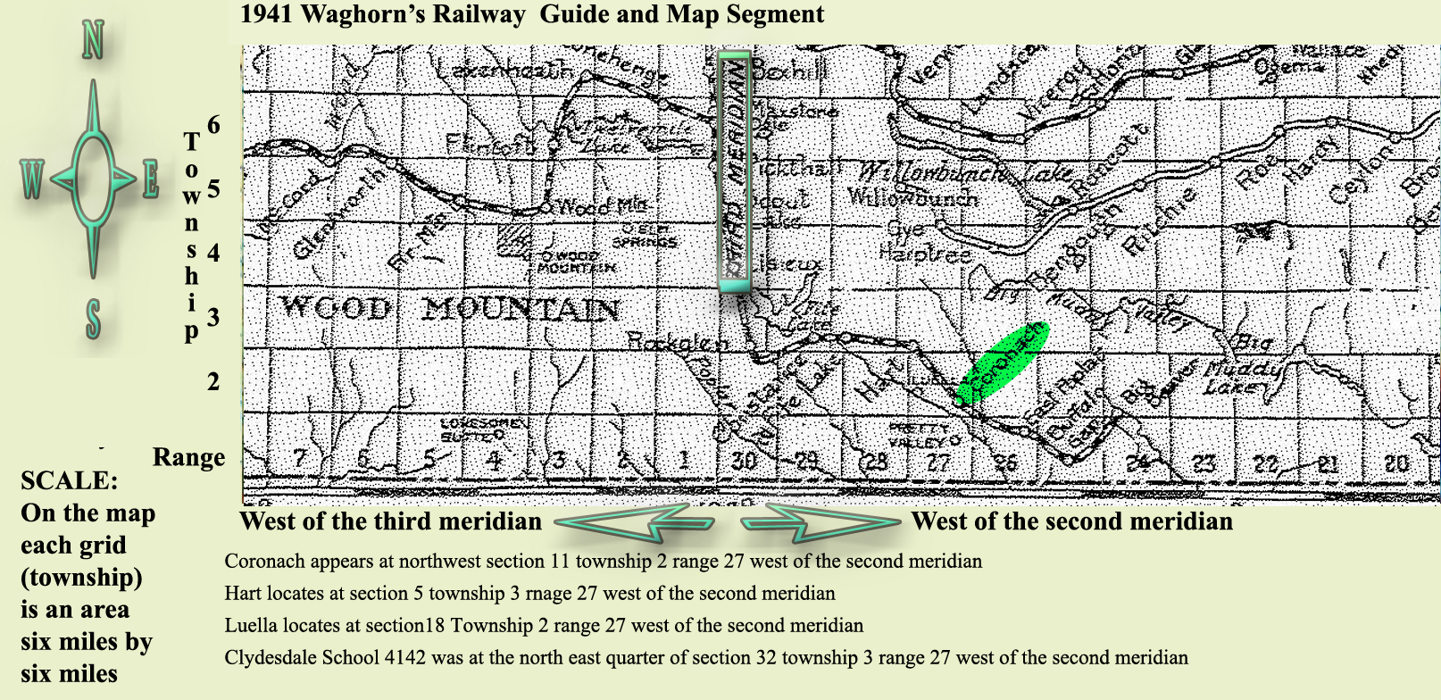 Map Clydesdale School District 4142,  North east section 32 township 3 range 27 west of the second meridian, 1918-1955,near Coronach at north west section 11 township 2 range 27 west of the 2 meridian ,  Saskatchewan,   