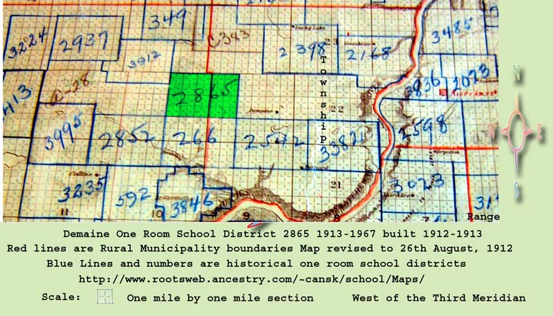 Demaine School District 2865, 1925-1967,  Affleck School District 2865,  1913-1925, Southwest section 25 township 22 range 10 west of the third meridian, Demaine hamlet north east section 24 township 22 range 10 west of the third meridian