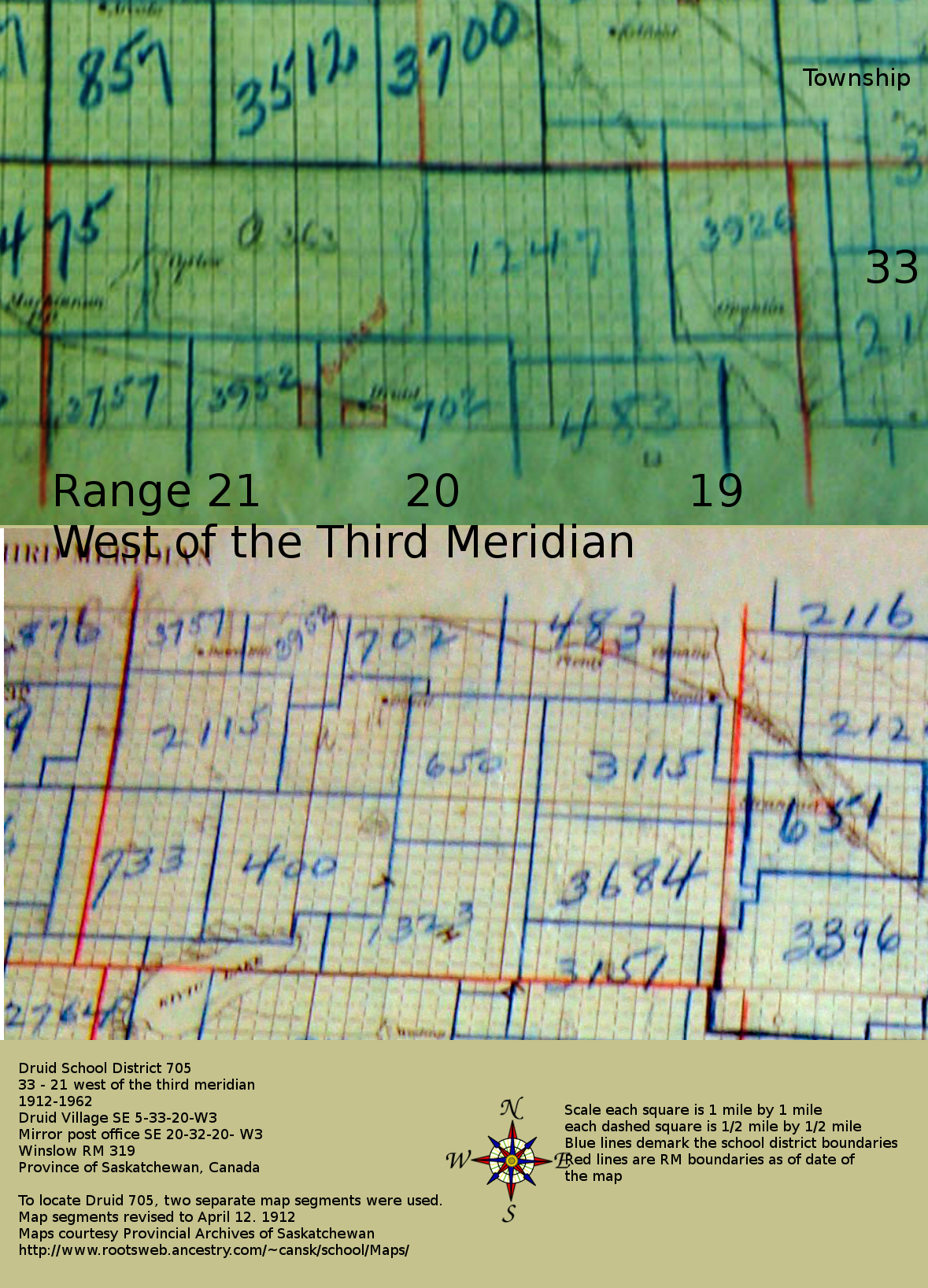 Druid School District 702 map, Township 33 range 21 west of the third meridian, Druid Village SE 5-33-20-W3, Mirror post office SE 20-32-20- W3, Winslow RM 319, Rural municipality of Winslow 319,  