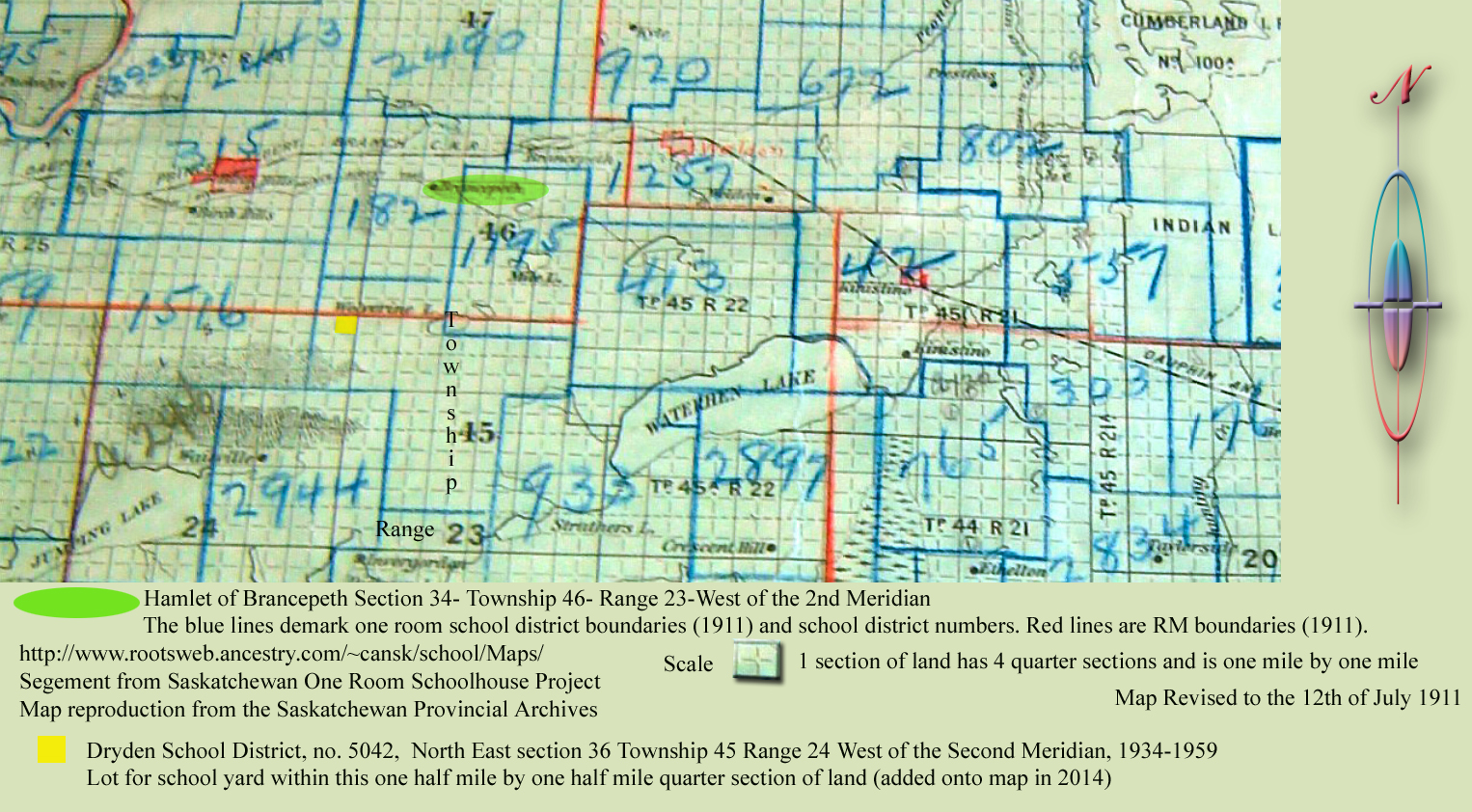 Map Dryden School District, no. 5042, 1934-1959, Hamlet of Brancepeth, Location 	34-46-23-W2, RM No. 460 - BIRCH HILLS 