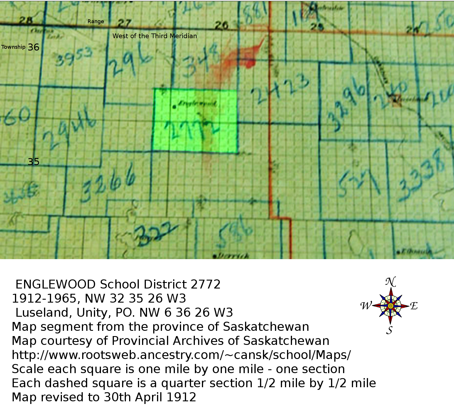 ENGLEWOOD School District 2772, 1912-1965, NW 32 35 26 W3, Luseland, Unity, PO. NW 6 36 26 W3, , Saskatchewan,  