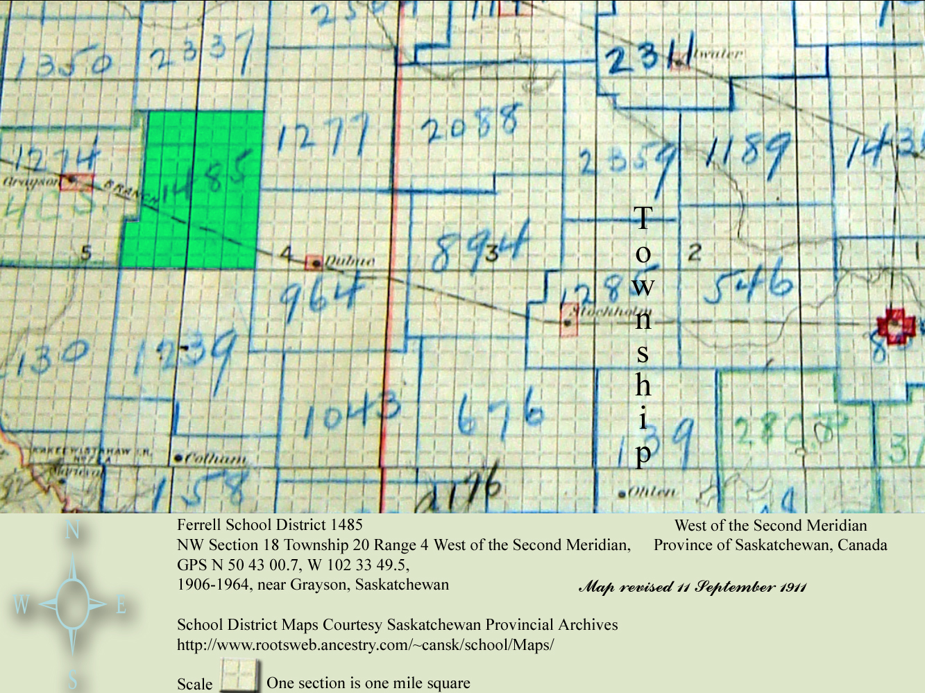 Ferrell School District 1485, NW Section 18 Township 20 Range 4 West of the Second Meridian, 1906-1964, near Grayson, Saskatchewan, N 50 43 00.7, W 102 33 49.5 