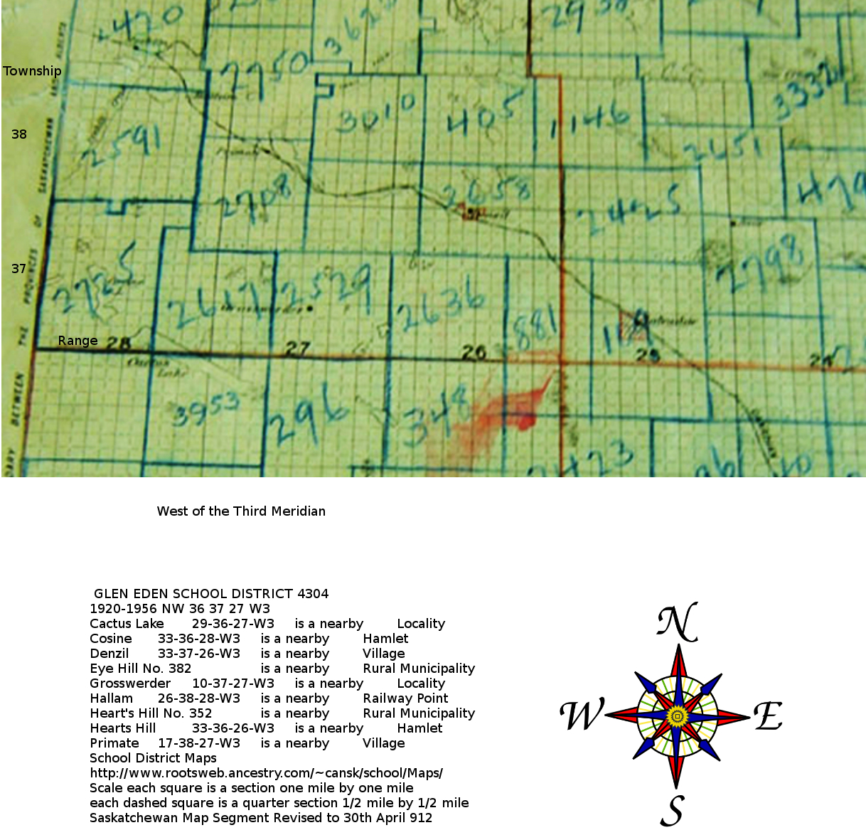  GLEN EDEN SCHOOL DISTRICT 4304, 1920-1956, NW 36 37 27 W3,  Near Grosswerder, Sura, Heritage of Hope 1985, Prairie Legacy,  Saskatchewan,  