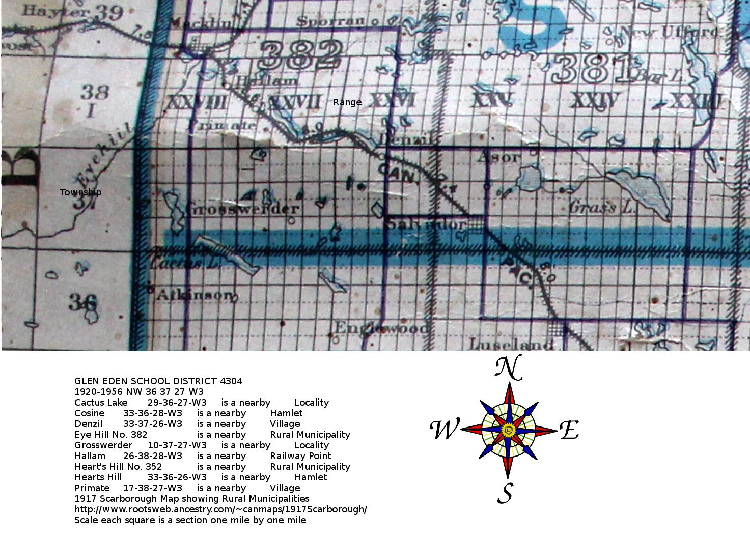  GLEN EDEN SCHOOL DISTRICT 4304, 1920-1956, NW 36 37 27 W3,  Near Grosswerder, Sura, Heritage of Hope 1985, Prairie Legacy,  Saskatchewan,  